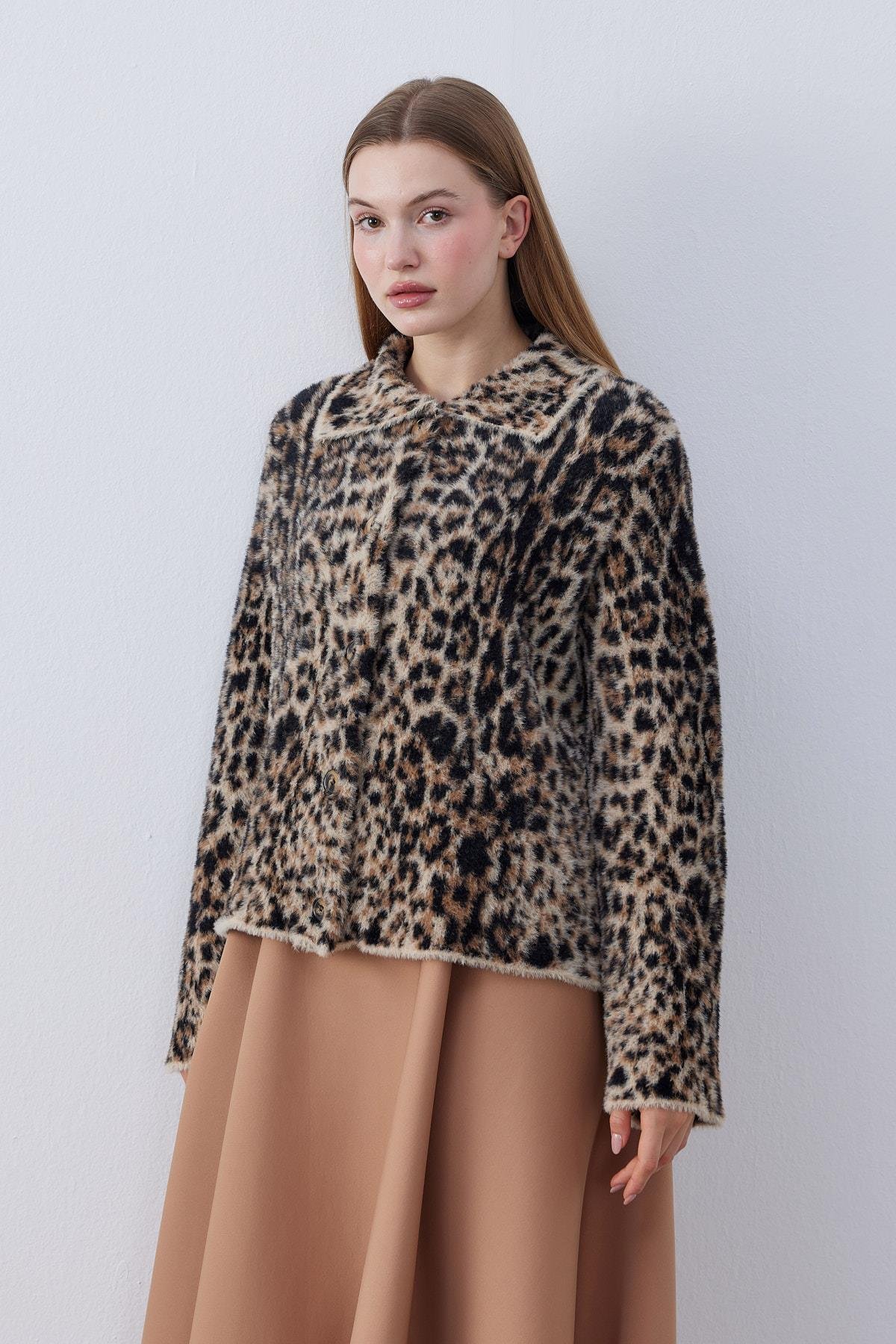 Fernley Leopar Angora Ceket - Kahverengi