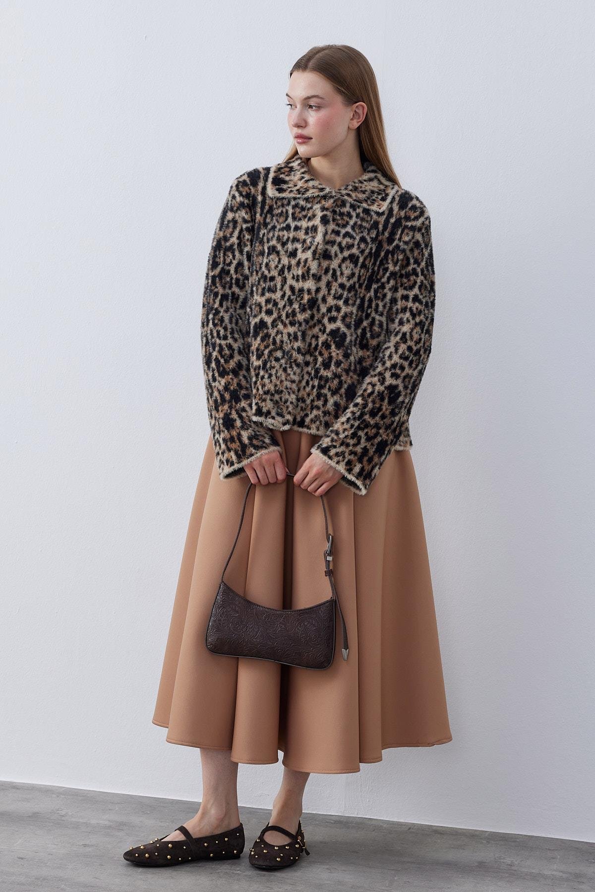 Fernley Leopar Angora Ceket - Kahverengi