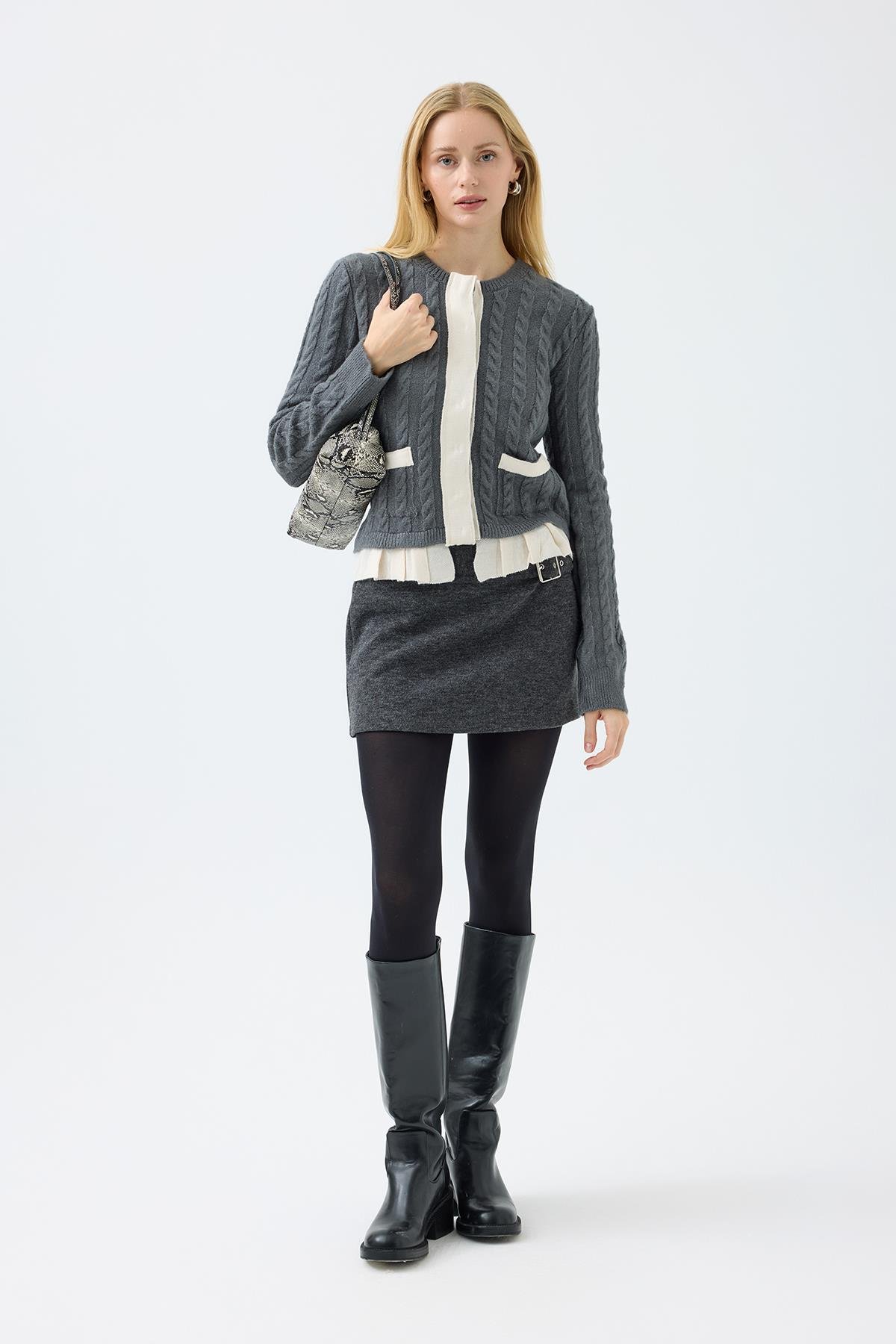 Fleur Saç Örgülü Mix Triko Ceket  - Antrasit 