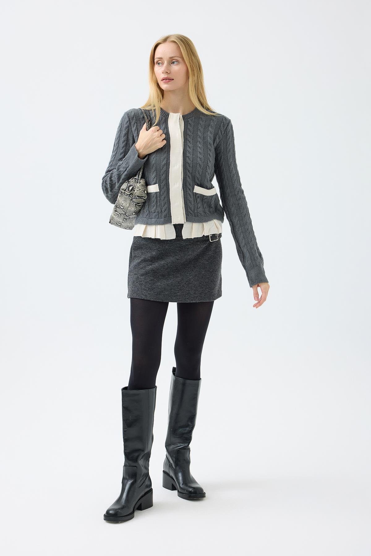 Fleur Saç Örgülü Mix Triko Ceket  - Antrasit 