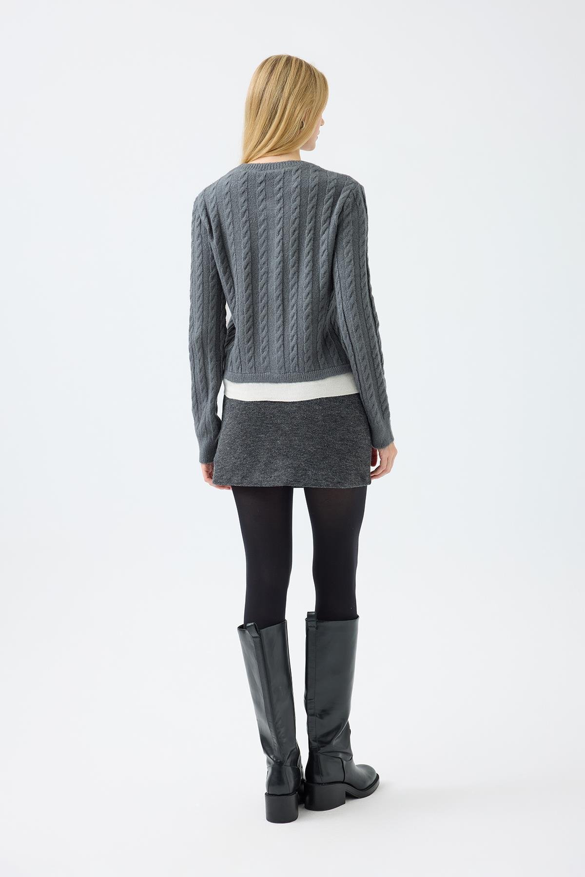 Fleur Saç Örgülü Mix Triko Ceket  - Antrasit 