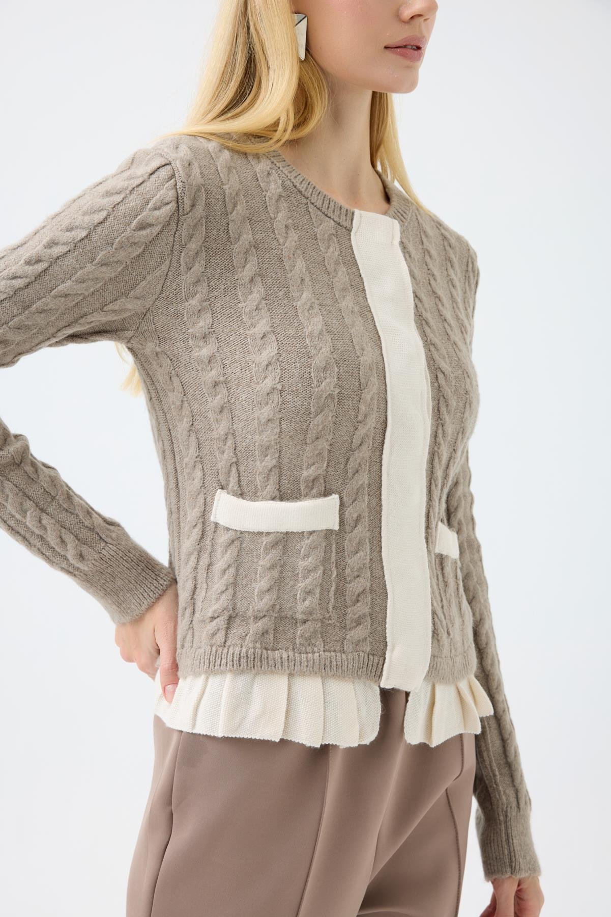 Fleur Saç Örgülü Mix Triko Ceket  - Vizon 