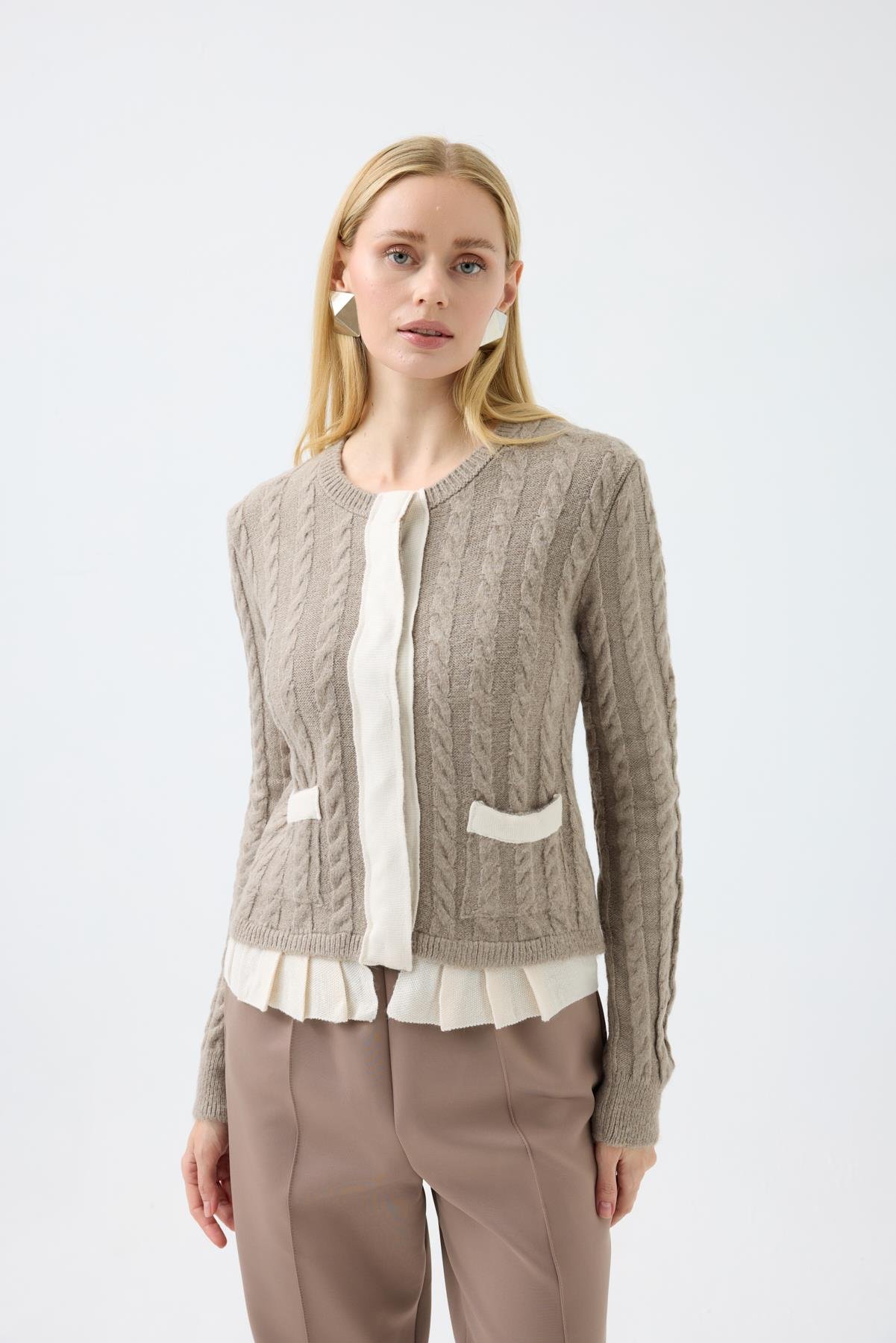 Fleur Saç Örgülü Mix Triko Ceket  - Vizon 