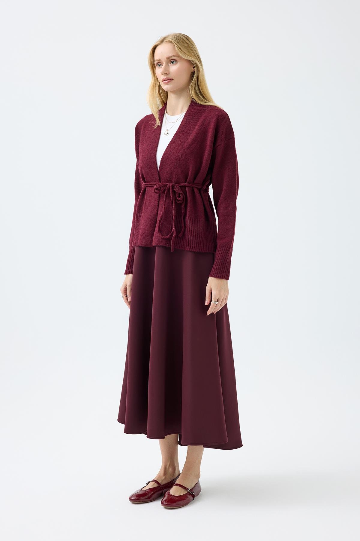 Frances Kemerli Triko Ceket - Bordo 