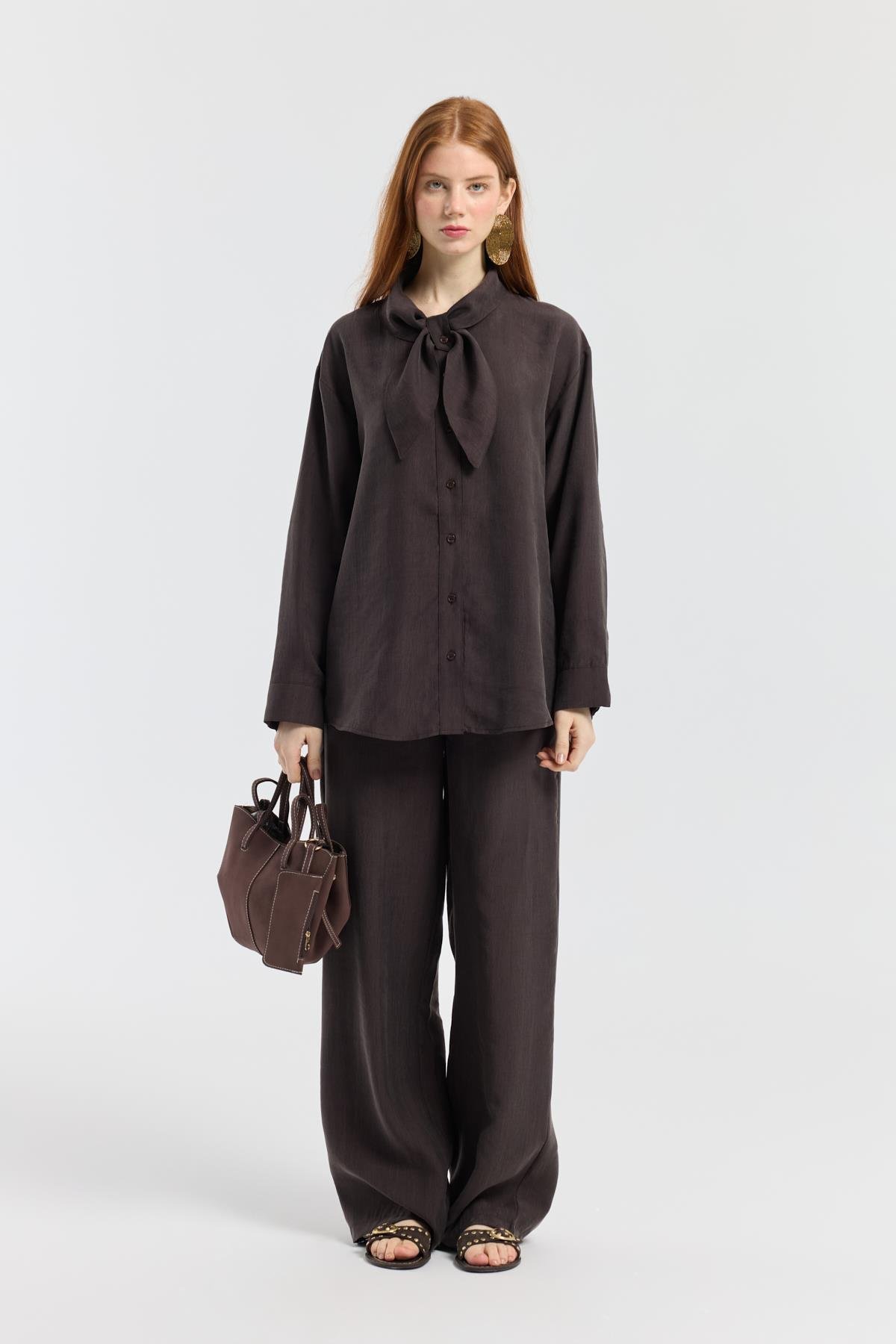 Fularlı Modal Gömlek - Acı kahve