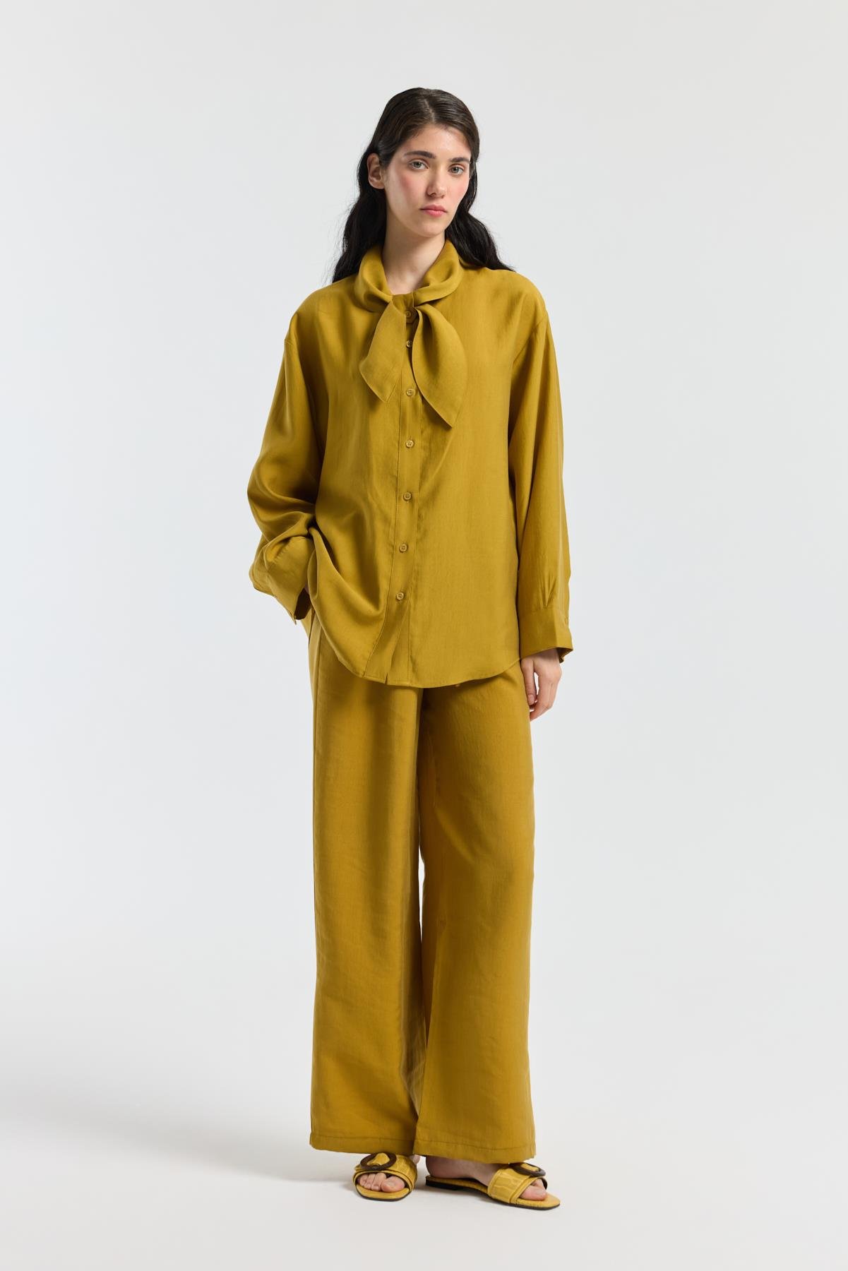 Fularlı Modal Gömlek - Hardal