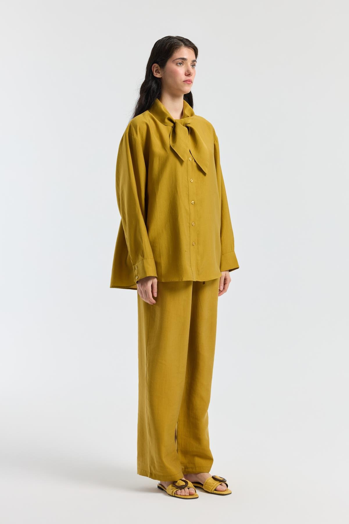 Fularlı Modal Gömlek - Hardal