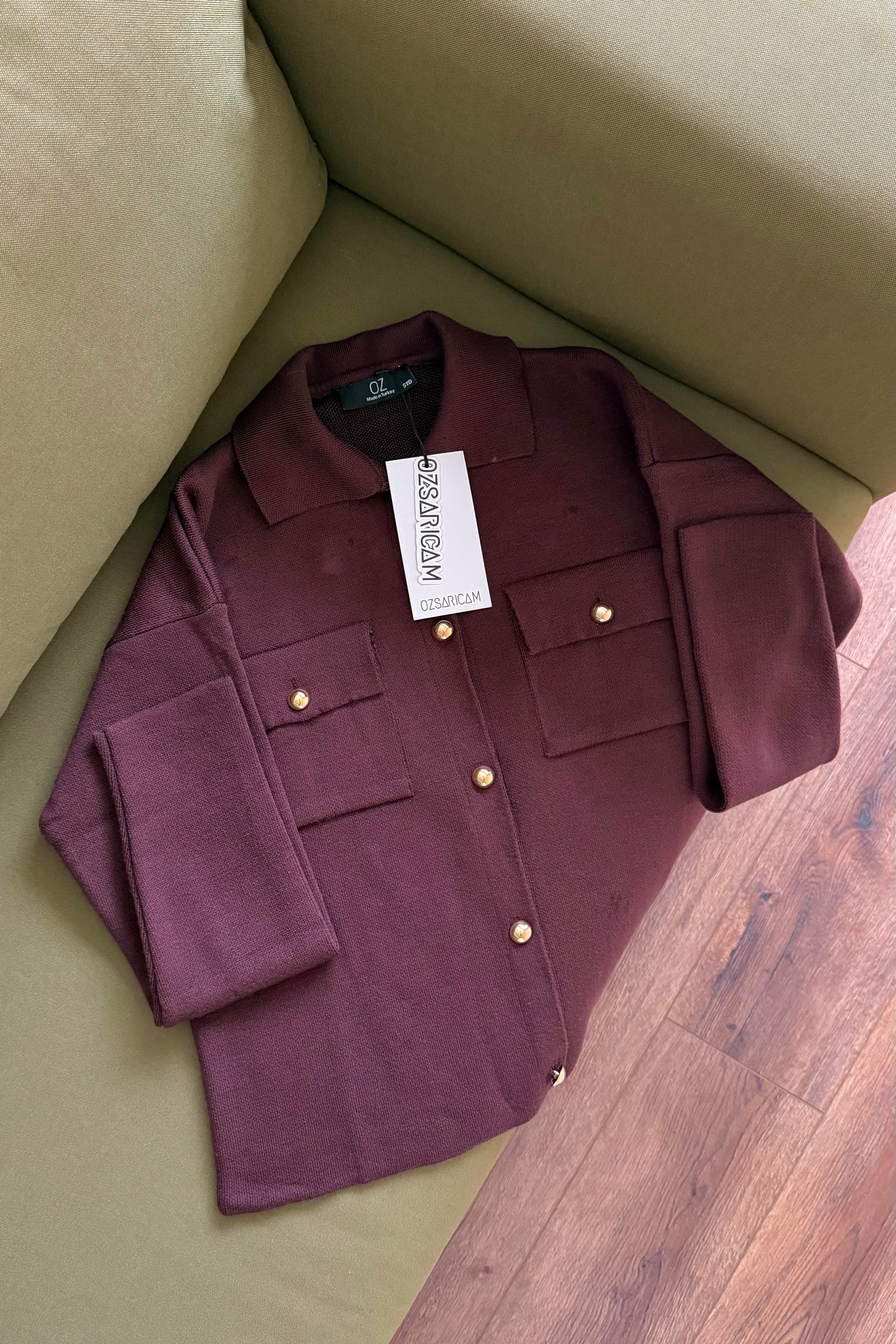 Gabriela Gold Düğmeli Hırka - Mürdüm