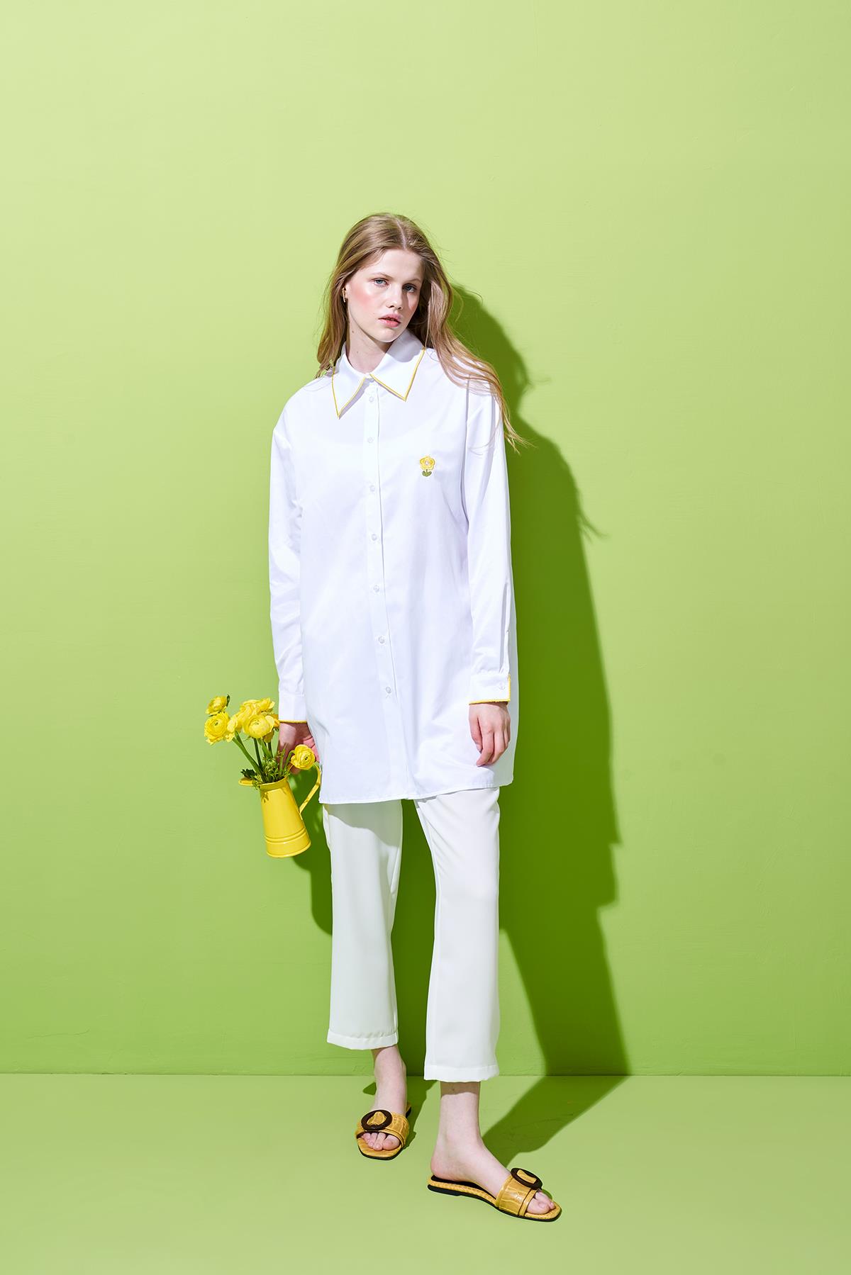 Gazado Nakış Detaylı Gömlek - Beyaz