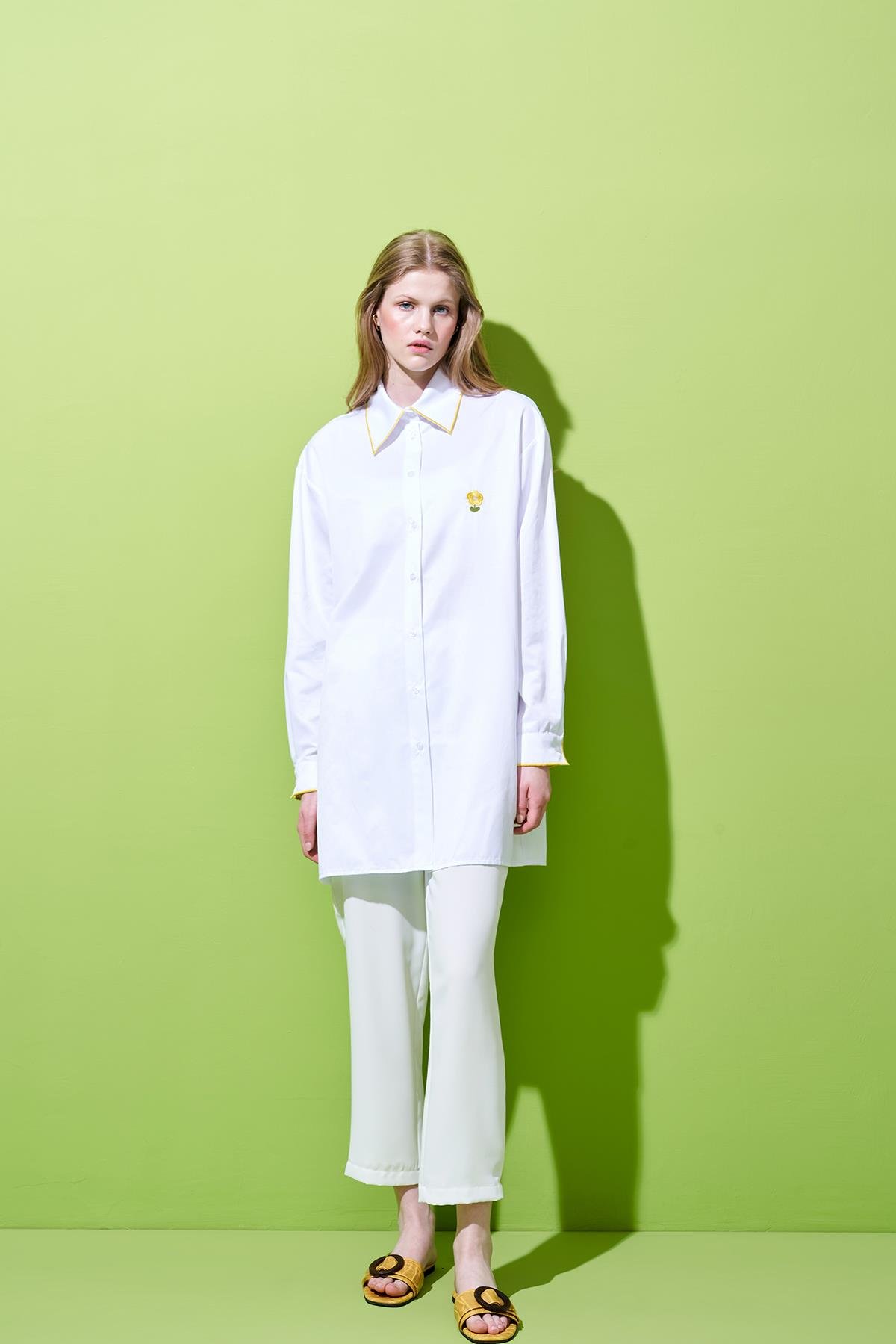 Gazado Nakış Detaylı Gömlek - Beyaz