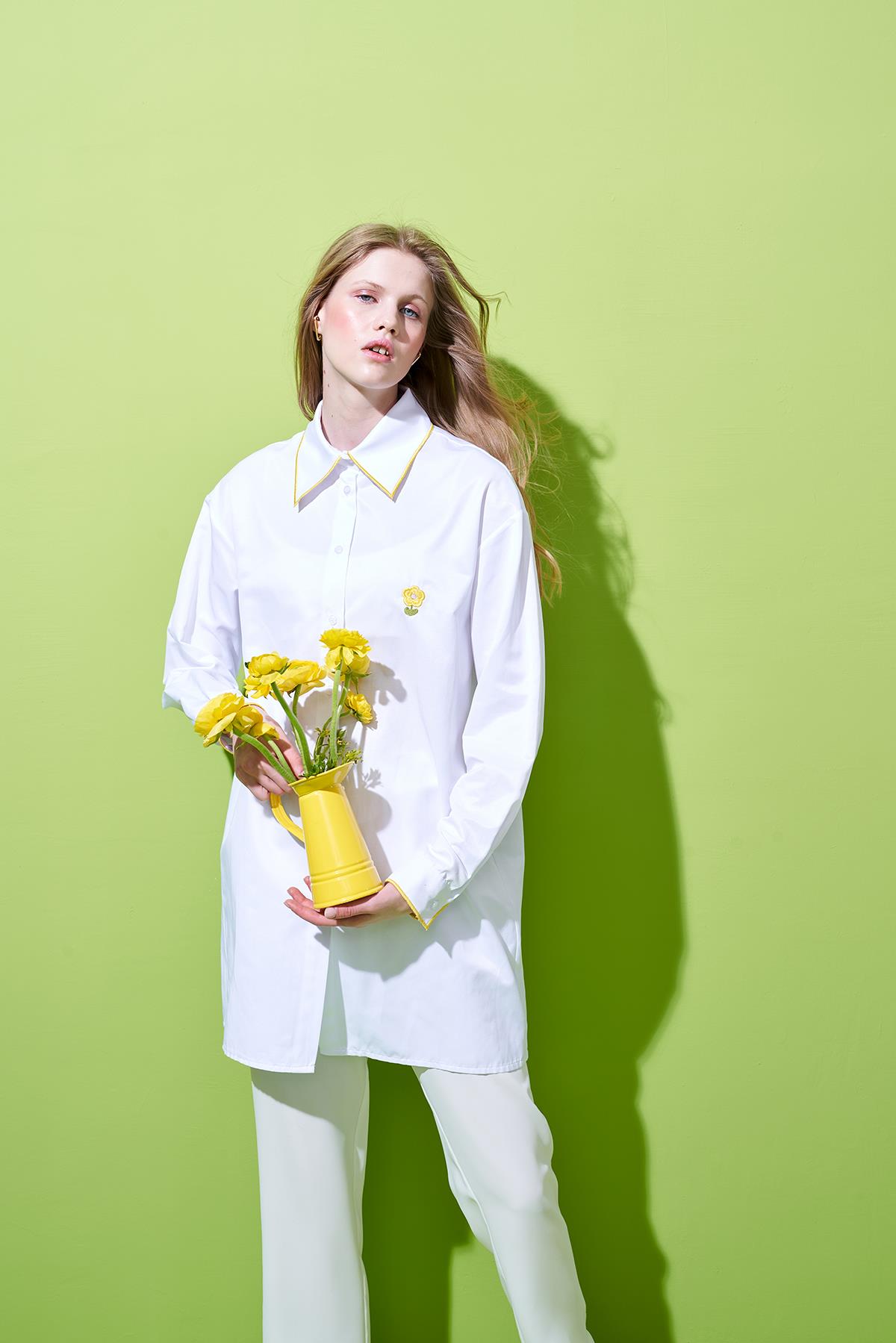 Gazado Nakış Detaylı Gömlek - Beyaz