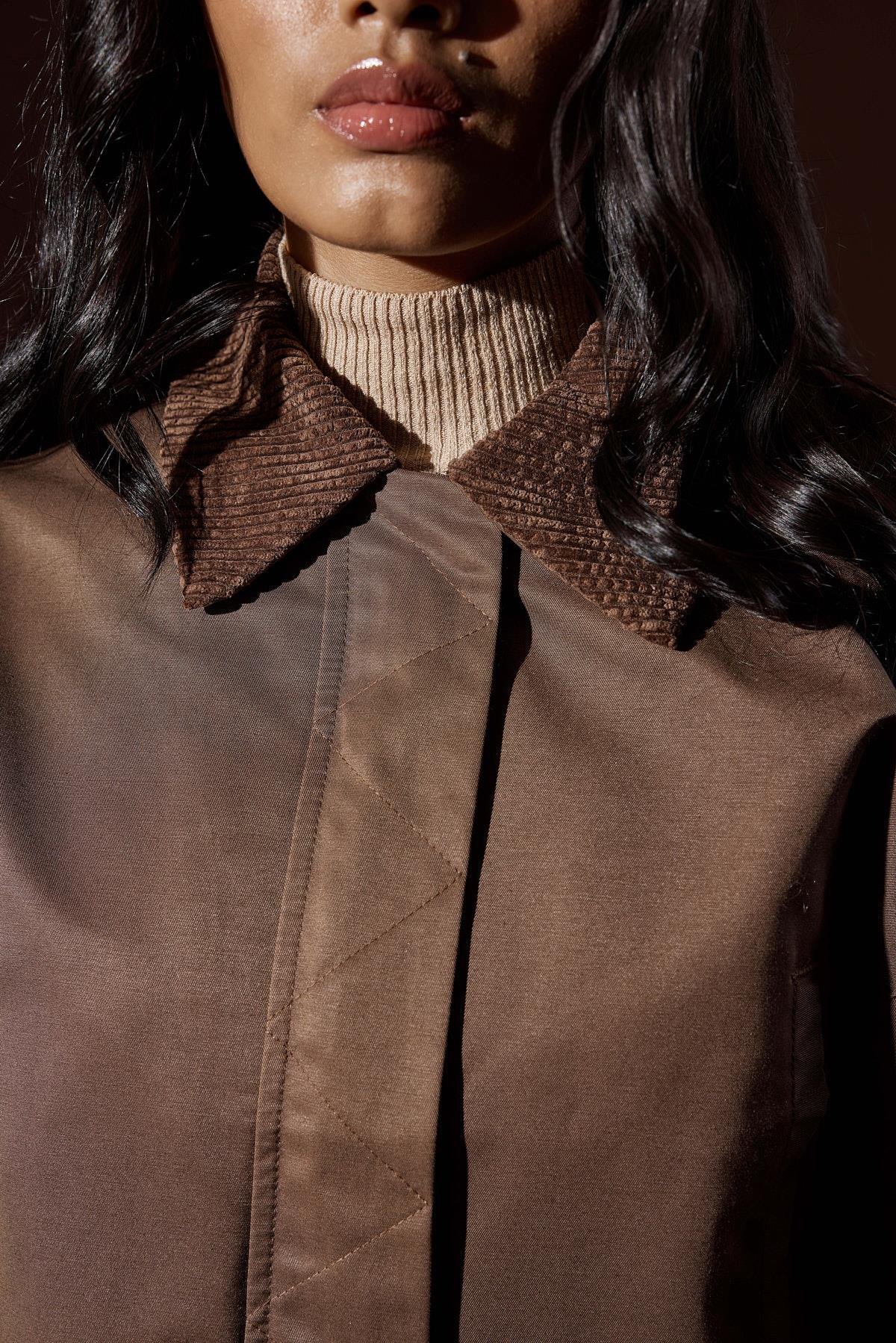 Genova Kadife Yakalı Gabardin Ceket- Acı Kahve