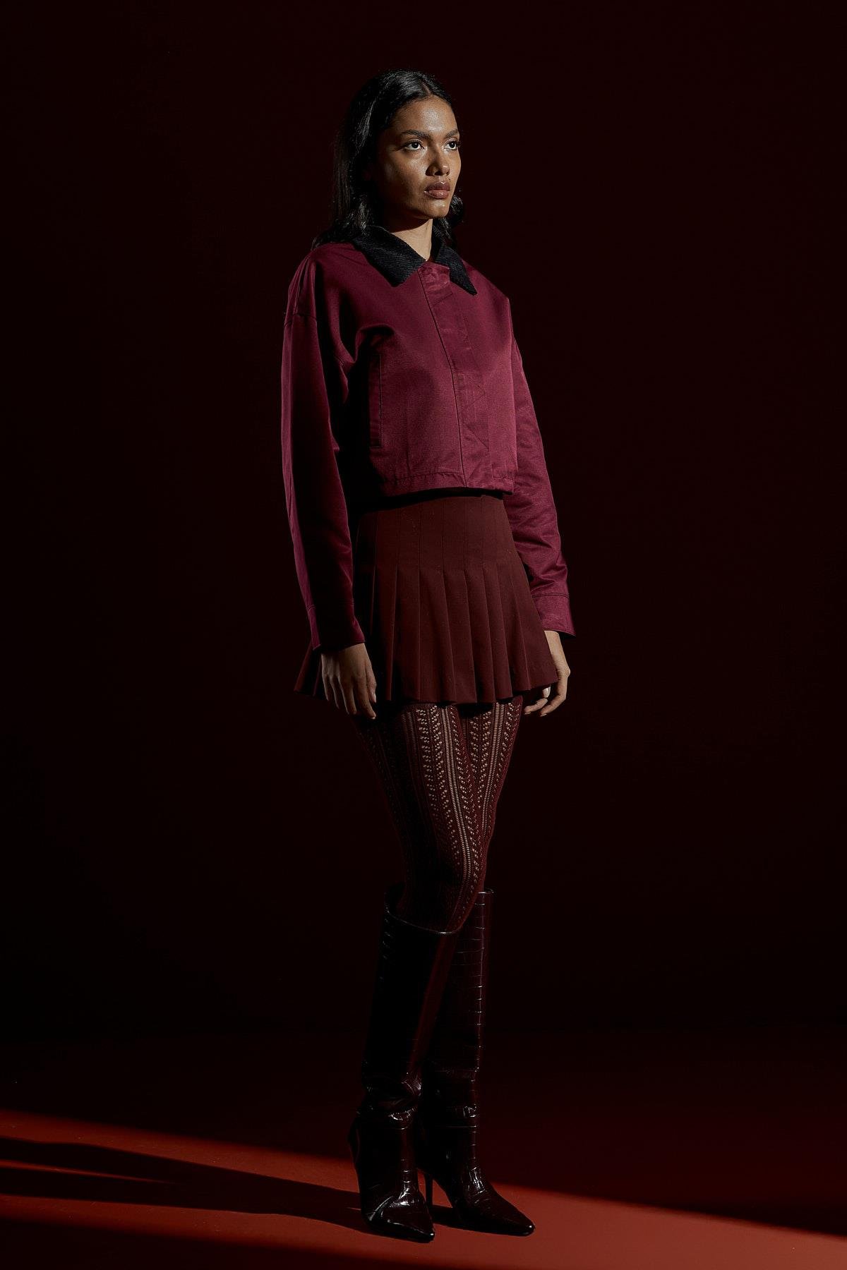 Genova Kadife Yakalı Gabardin Ceket- Bordo