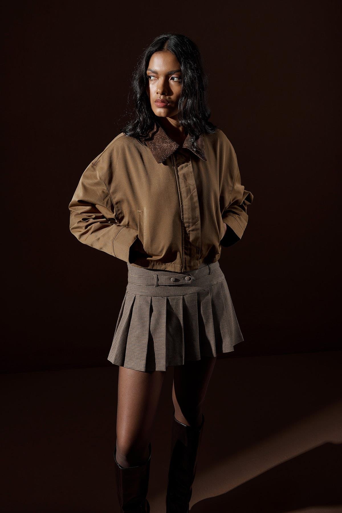 Genova Kadife Yakalı Gabardin Ceket- Haki