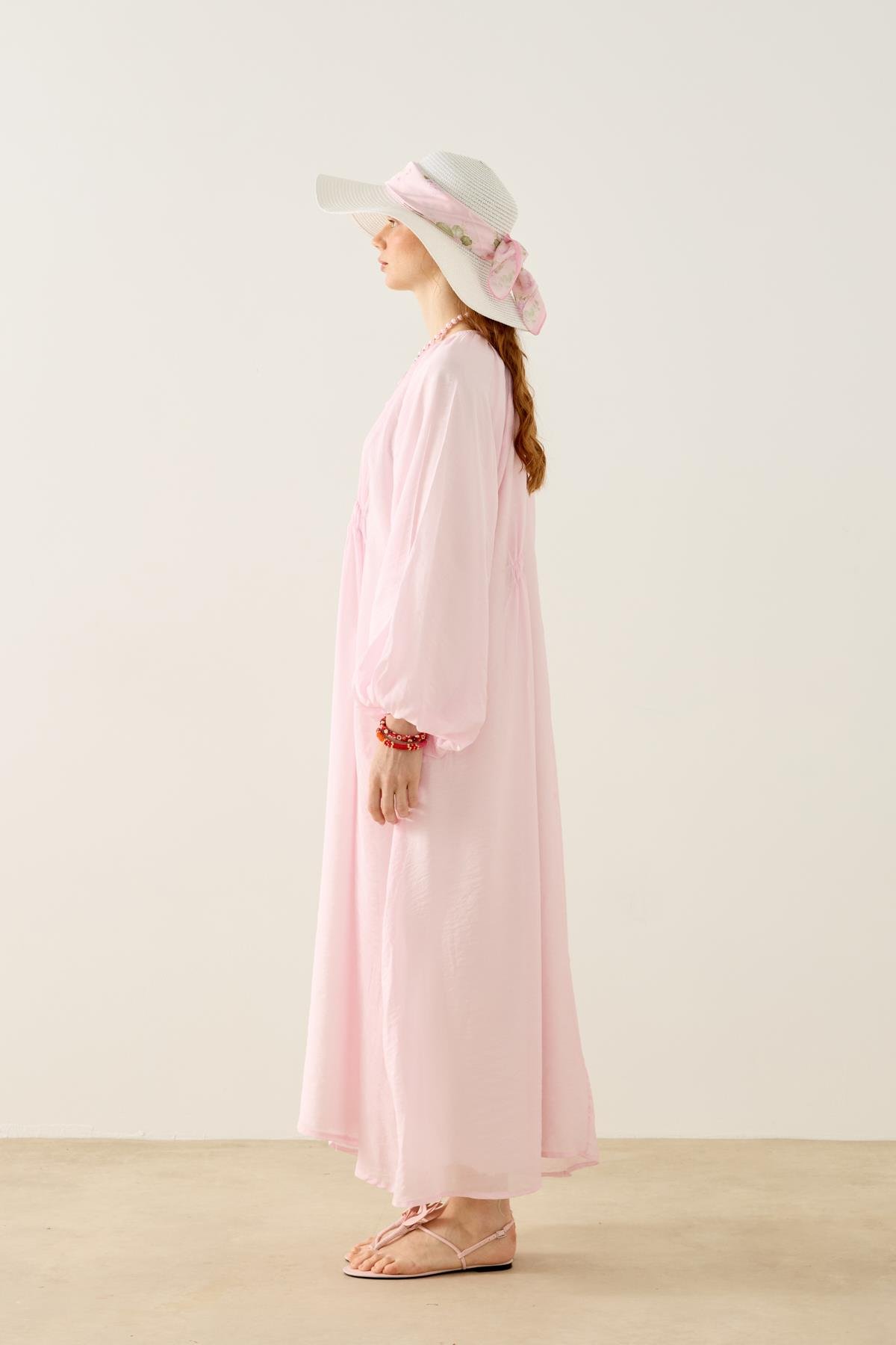Georgina Balon Kol Büzgülü Elbise - Pembe
