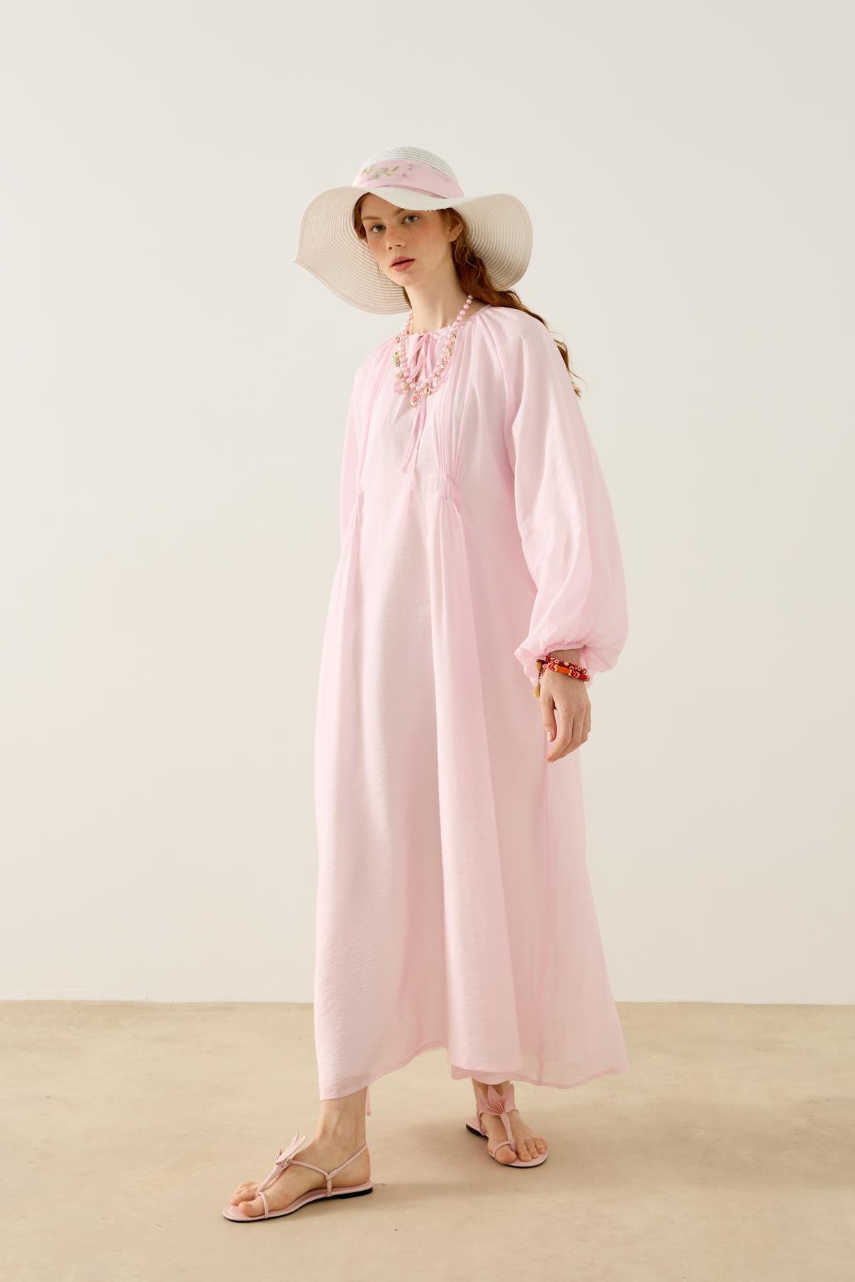 Georgina Balon Kol Büzgülü Elbise - Pembe