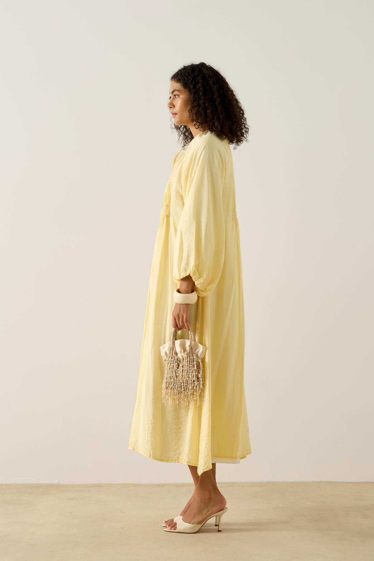 Georgina Balon Kol Büzgülü Elbise - Sarı