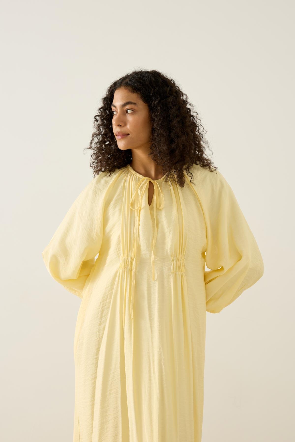 Georgina Balon Kol Büzgülü Elbise - Sarı