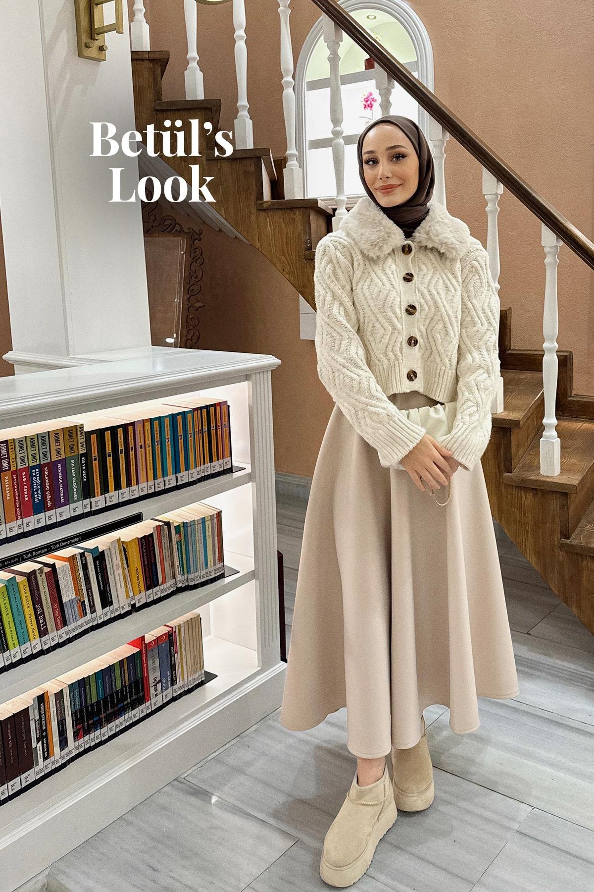 GİZEM'İN VİCTORİA KÜRK YAKA ÖRME HIRKA VE PANDORA SKUBA KLOŞ ETEK KOMBİNİ 