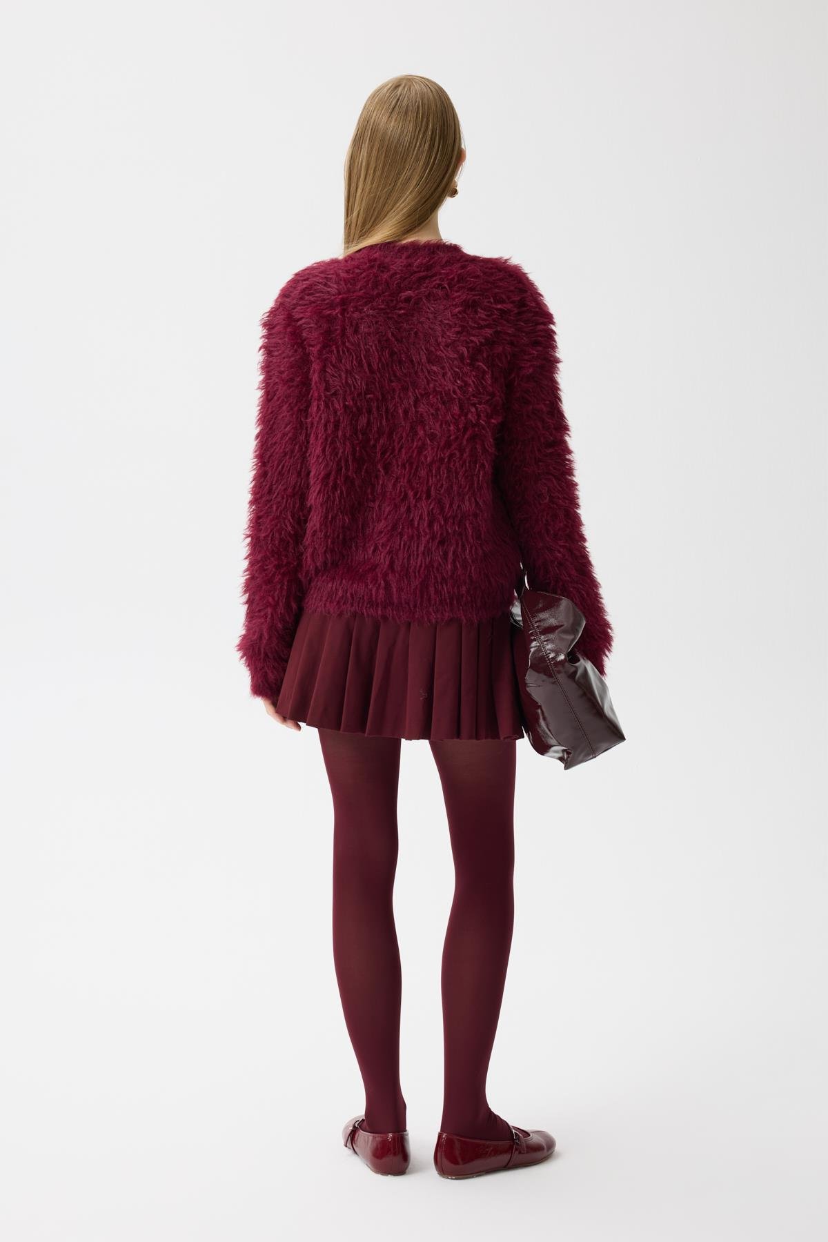 Giselle Tüylü Kalp Düğmeli Hırka - Bordo 