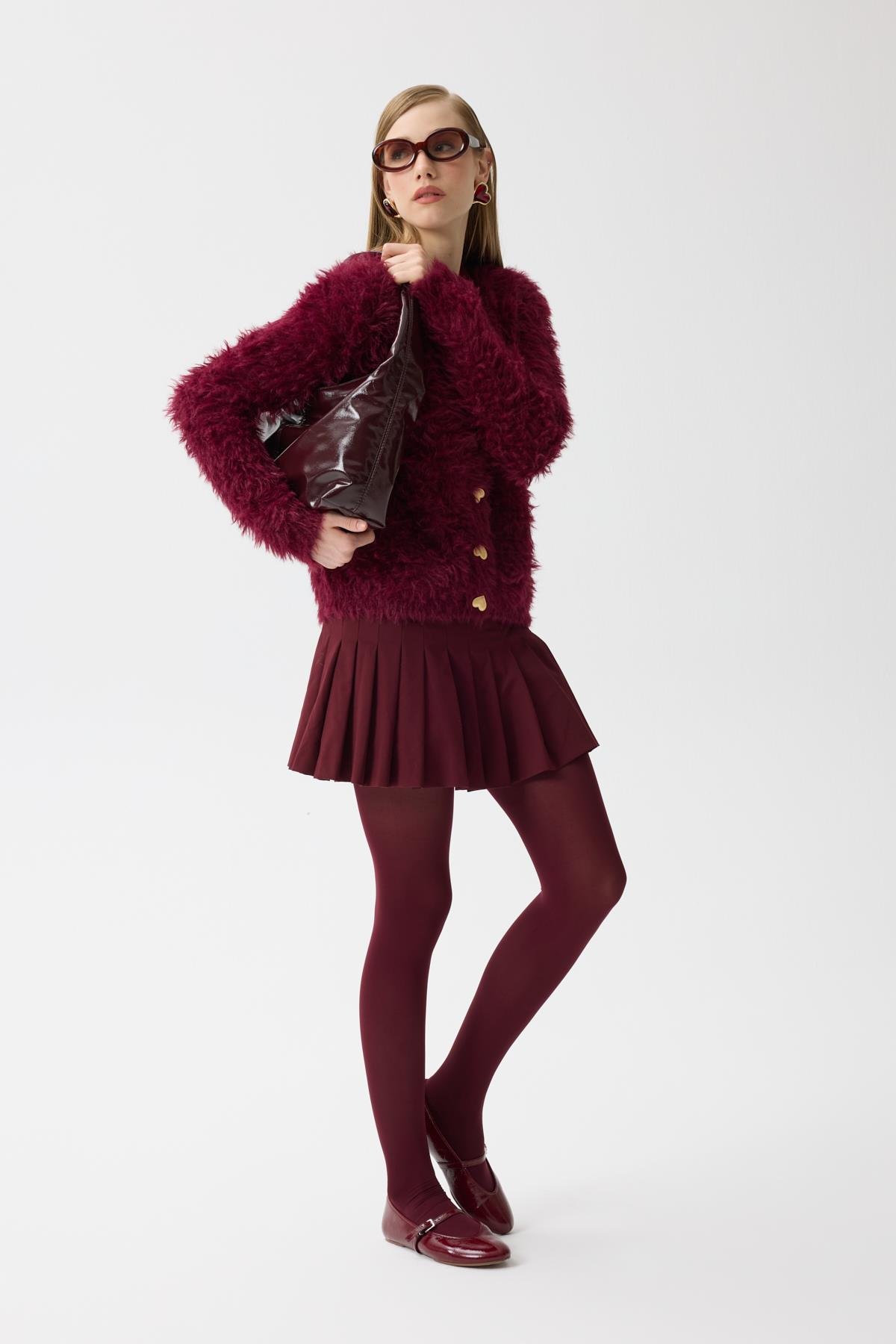 Giselle Tüylü Kalp Düğmeli Hırka - Bordo 