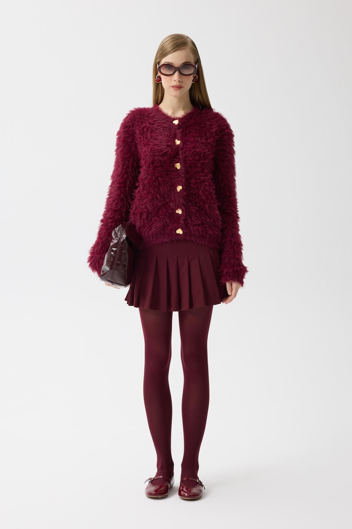 Giselle Tüylü Kalp Düğmeli Hırka - Bordo 