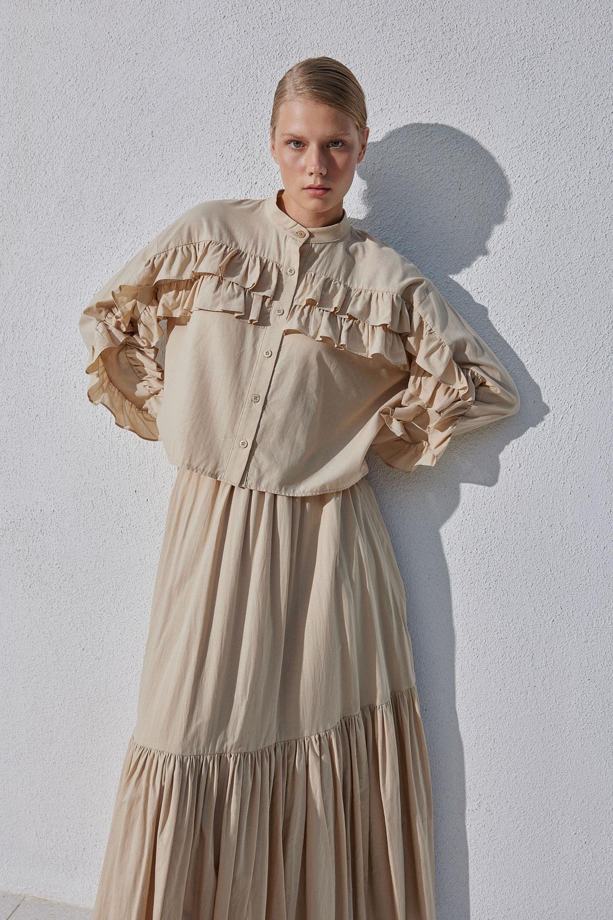 Grace Fırfırlı Pamuk Vual Gömlek- Bej