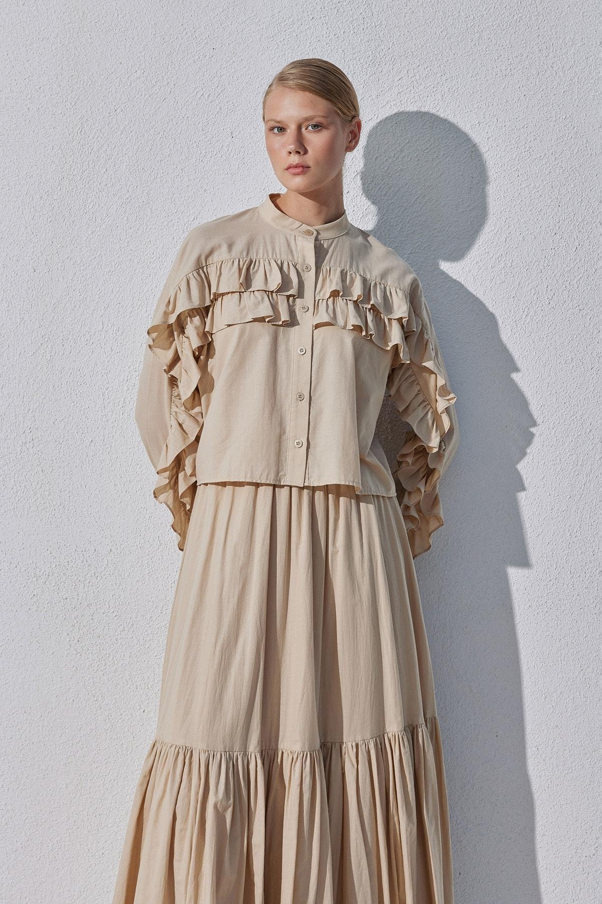 Grace Fırfırlı Pamuk Vual Gömlek- Bej