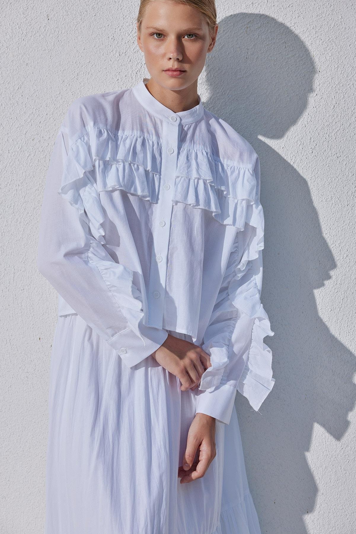 Grace Fırfırlı Pamuk Vual Gömlek- Beyaz