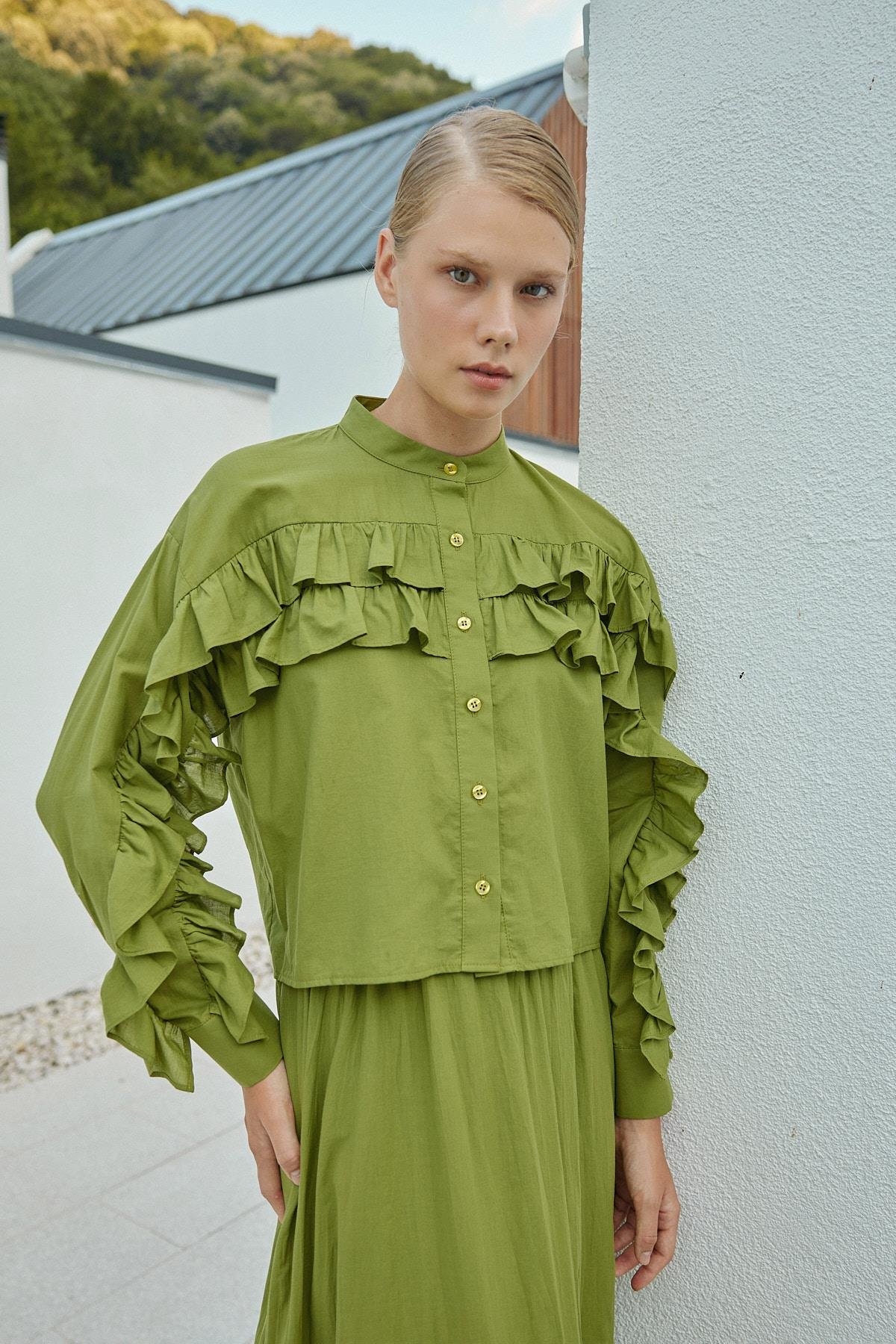 Grace Fırfırlı Pamuk Vual Gömlek -Elma Yeşil