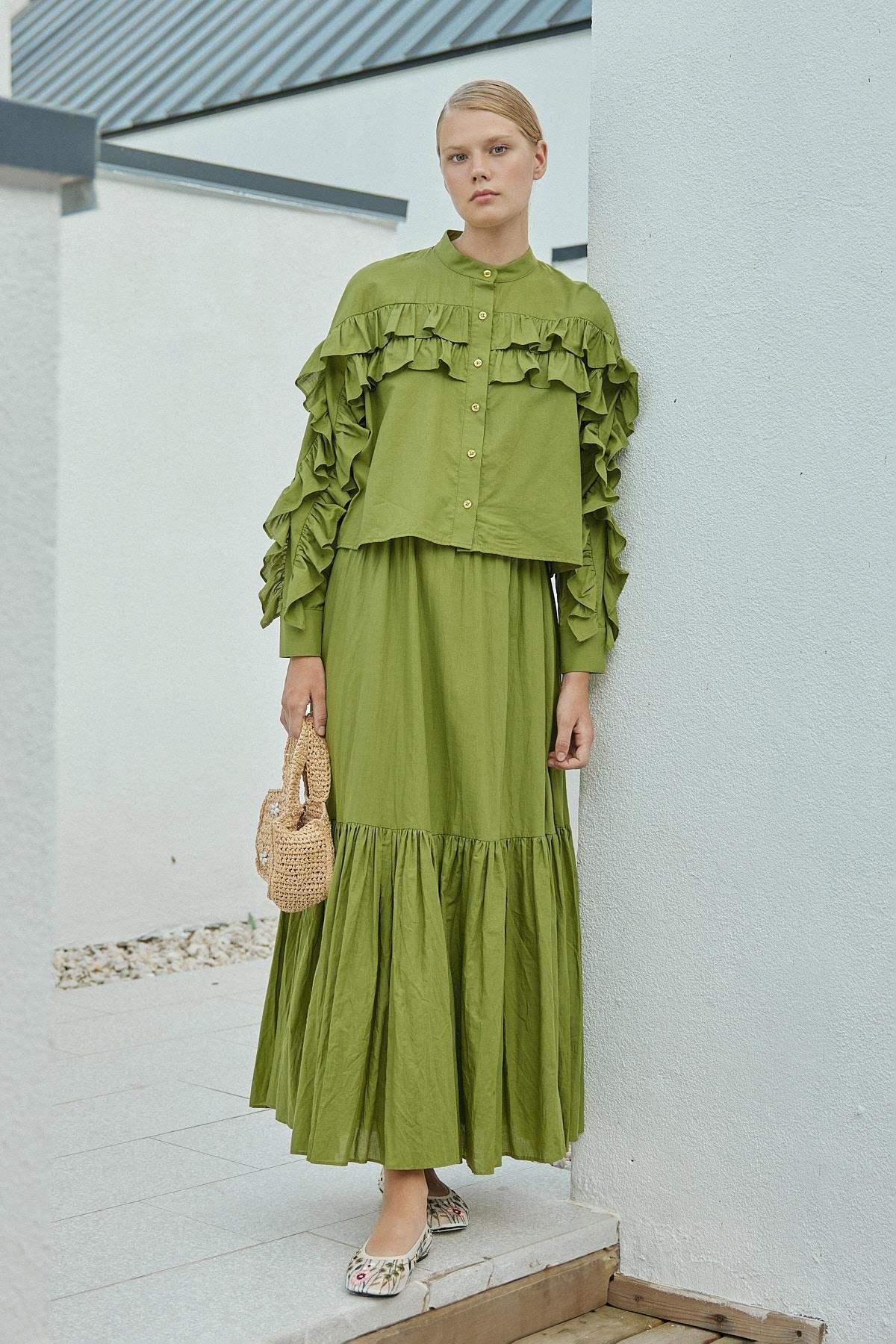 Grace Fırfırlı Pamuk Vual Gömlek -Elma Yeşil