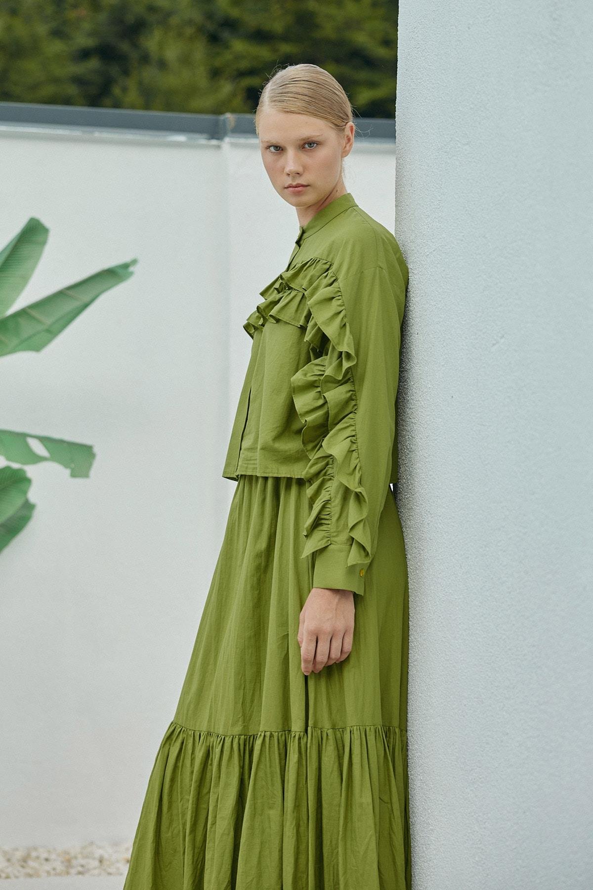 Grace Fırfırlı Pamuk Vual Gömlek -Elma Yeşil