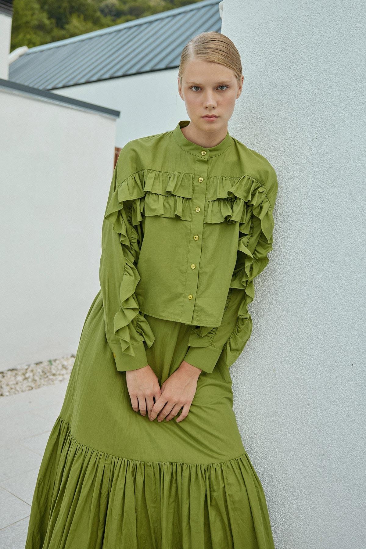 Grace Fırfırlı Pamuk Vual Gömlek -Elma Yeşil