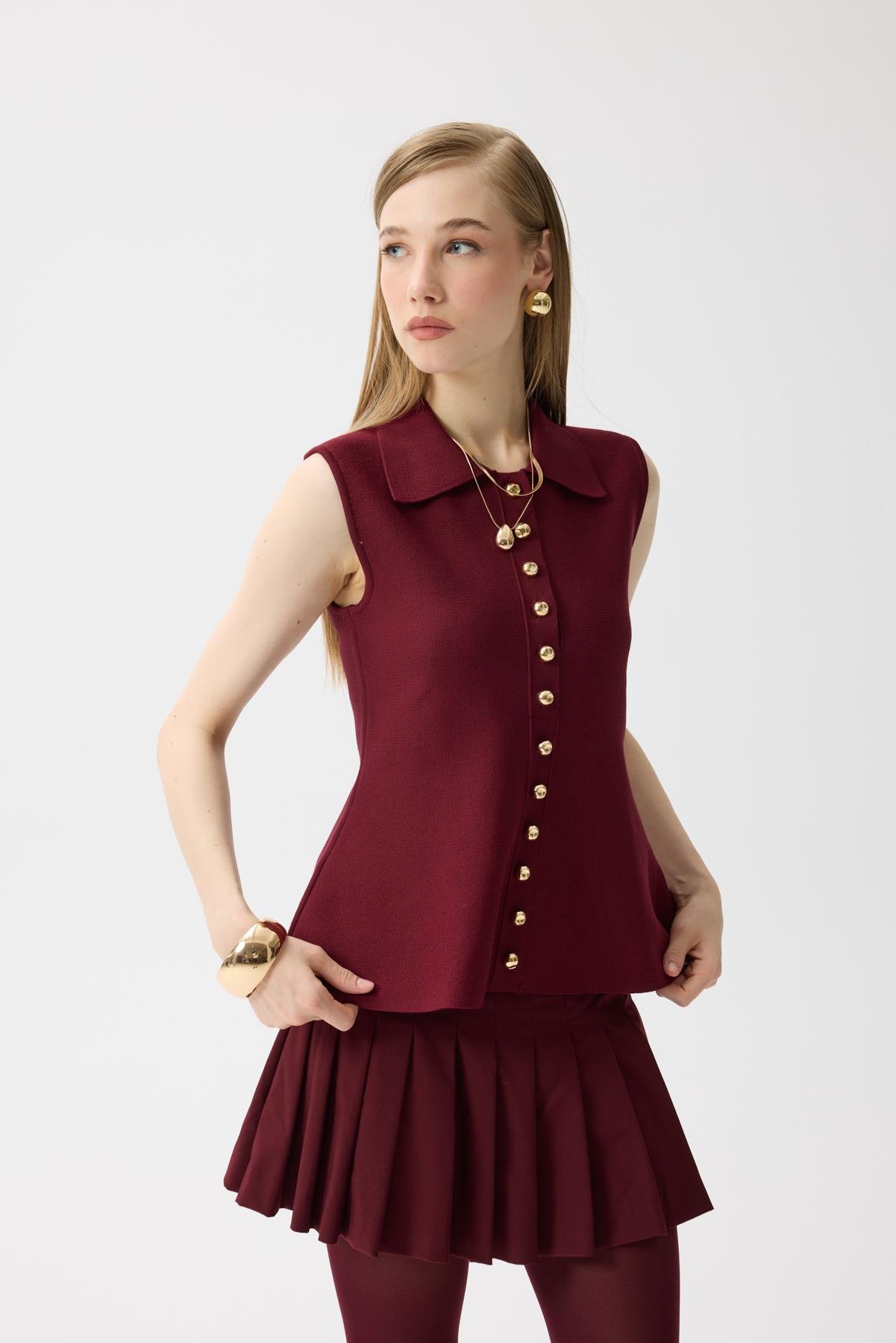 Harper Çelik Örme Düğmeli Yelek - Bordo 