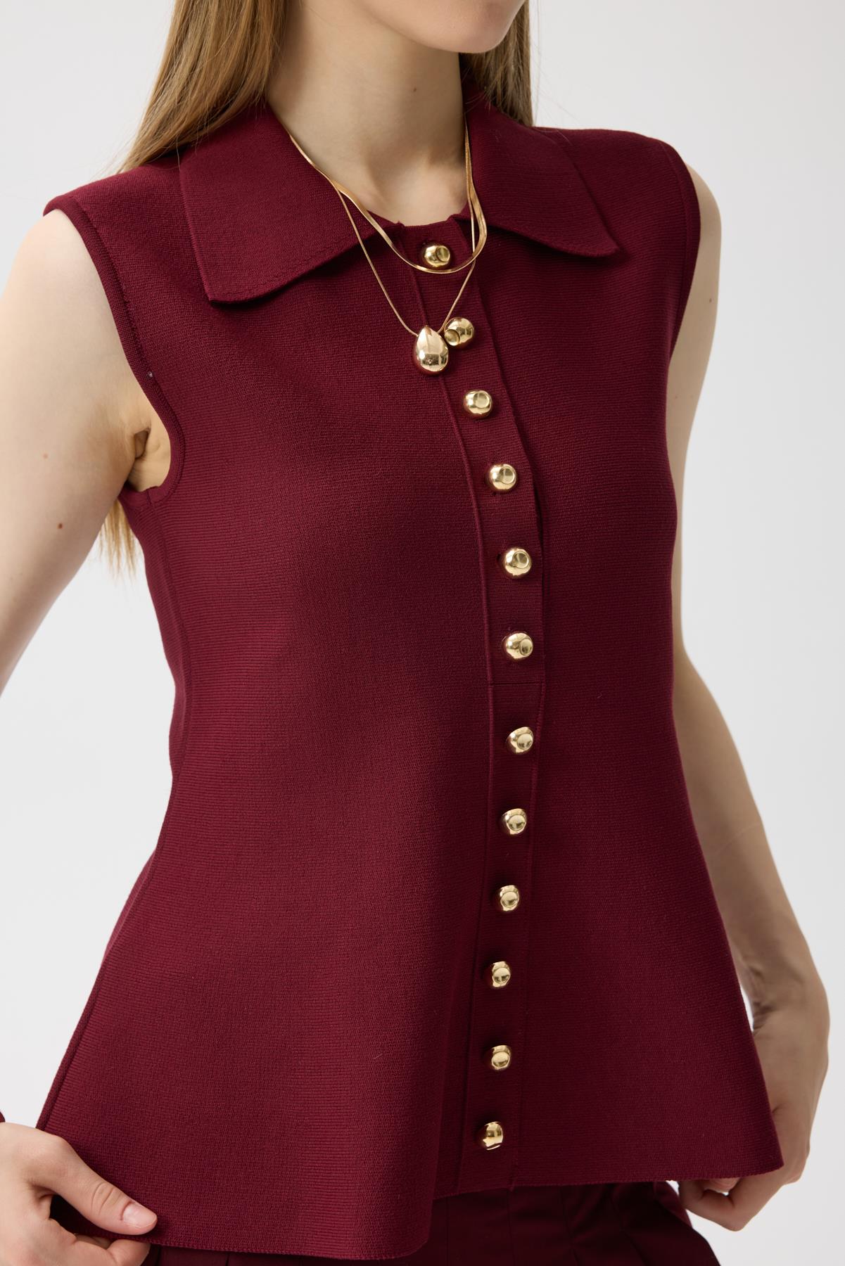 Harper Çelik Örme Düğmeli Yelek - Bordo 