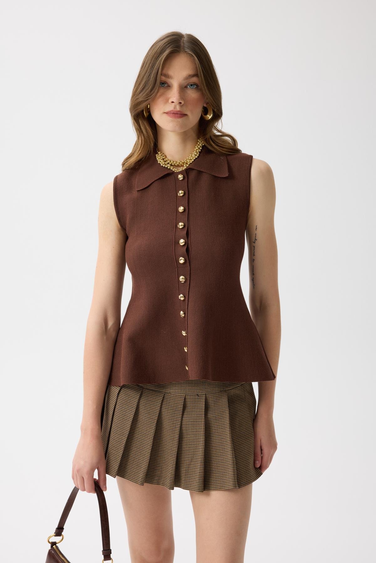 Harper Çelik Örme Düğmeli Yelek - Kahverengi 