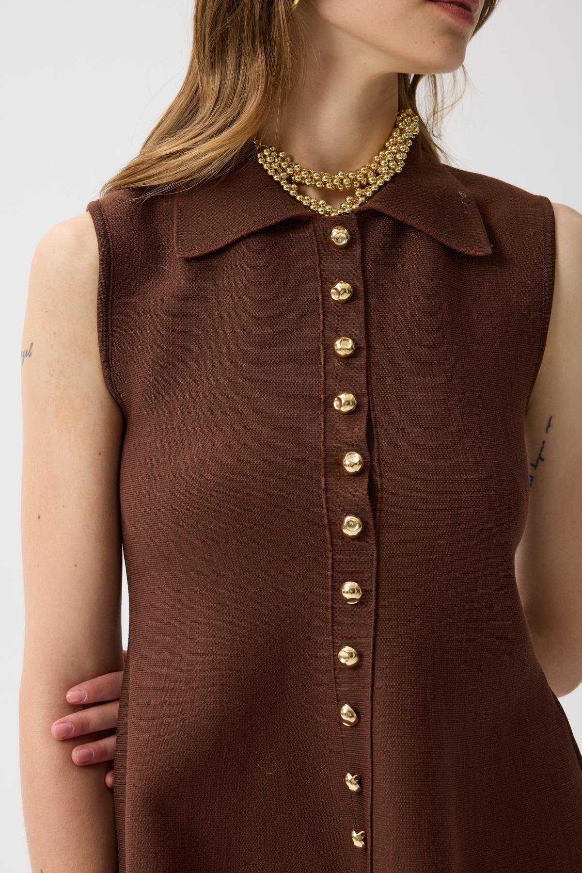 Harper Çelik Örme Düğmeli Yelek - Kahverengi 