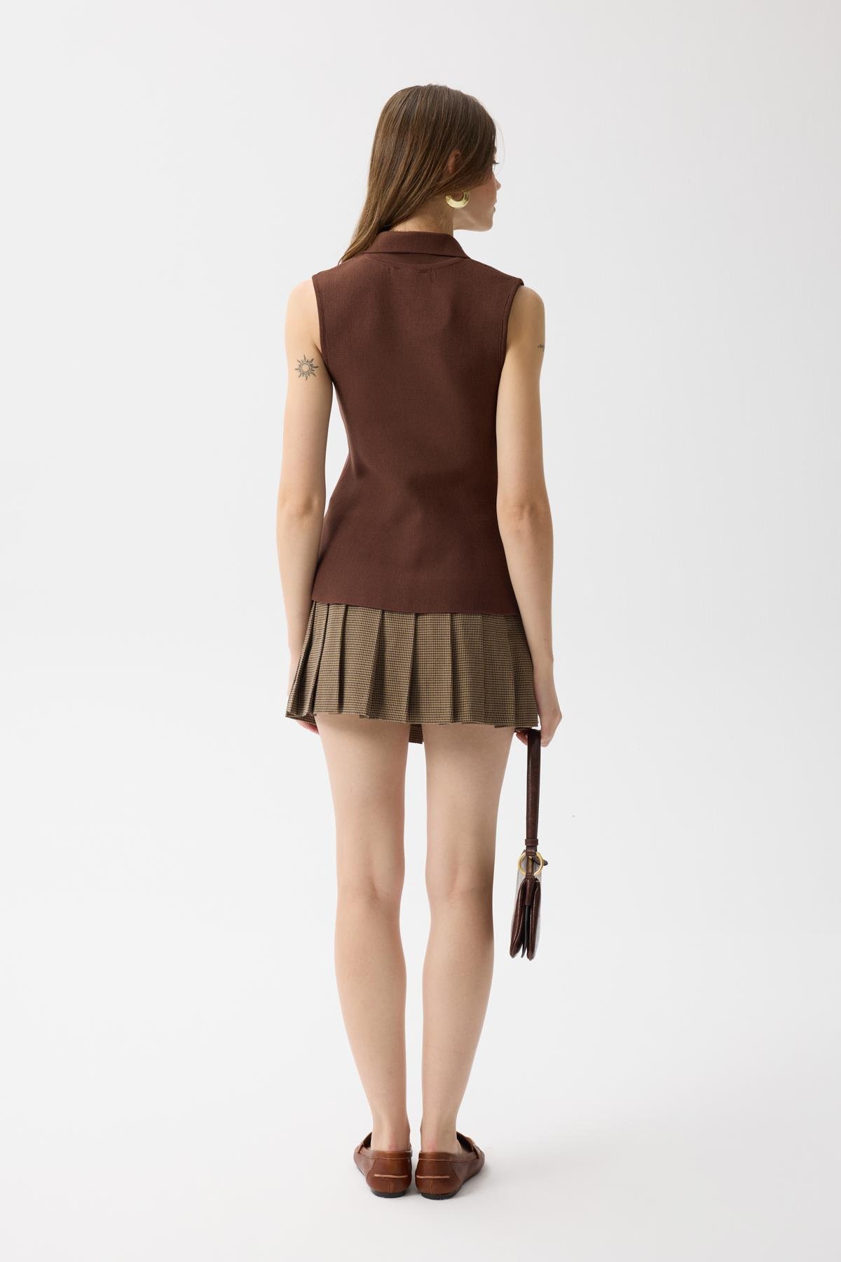 Harper Çelik Örme Düğmeli Yelek - Kahverengi 