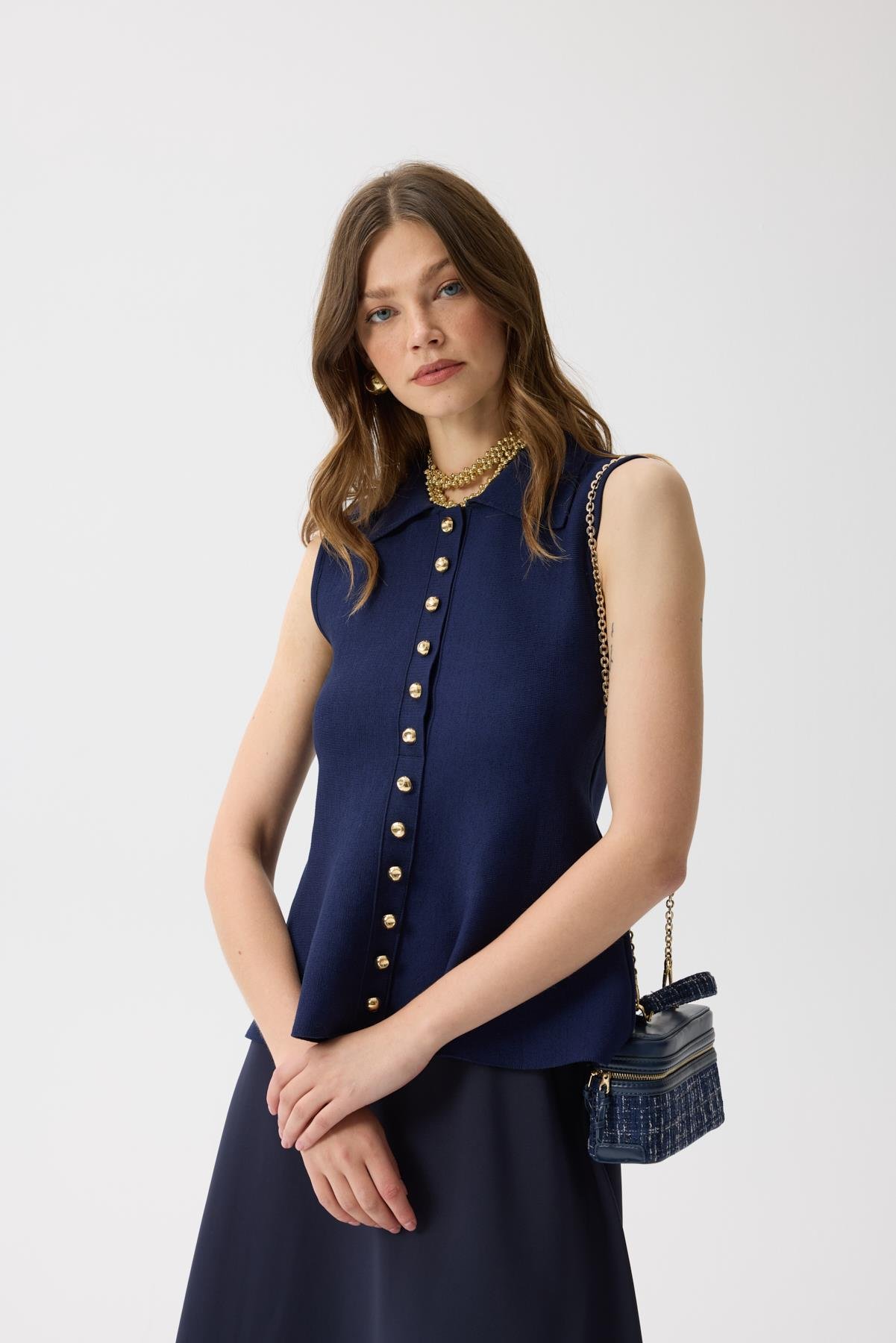 Harper Çelik Örme Düğmeli Yelek - Lacivert