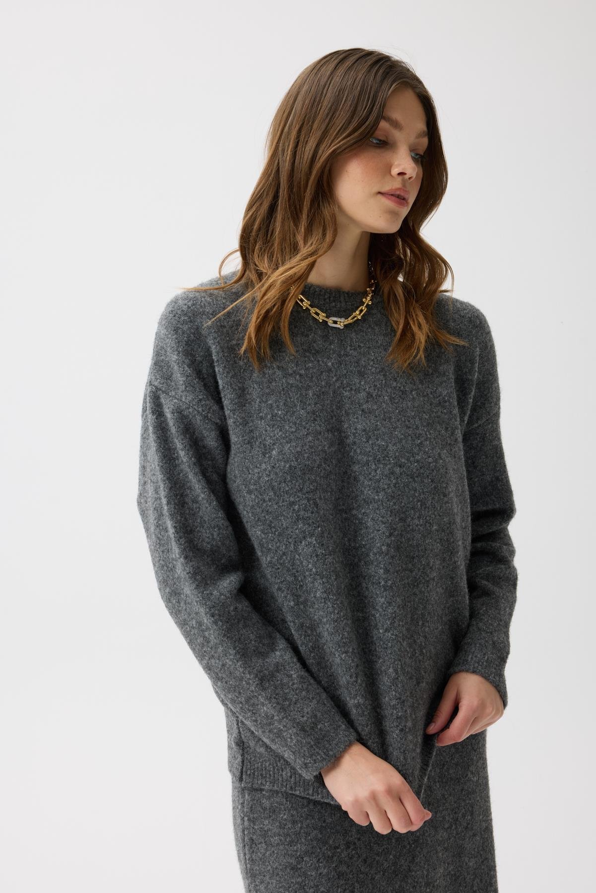 Helen Basic Triko Takım - Gri Melanj