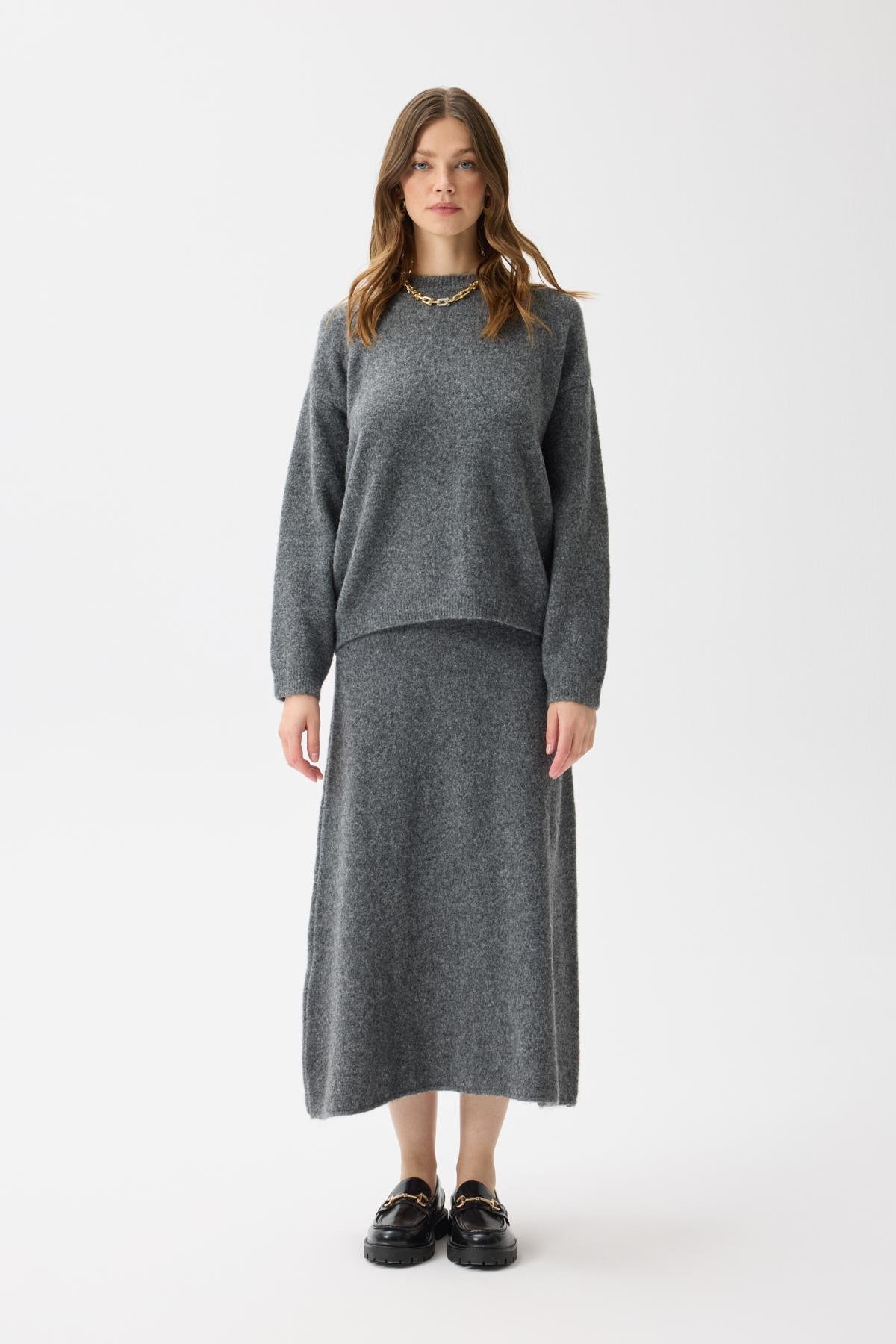 Helen Basic Triko Takım - Gri Melanj