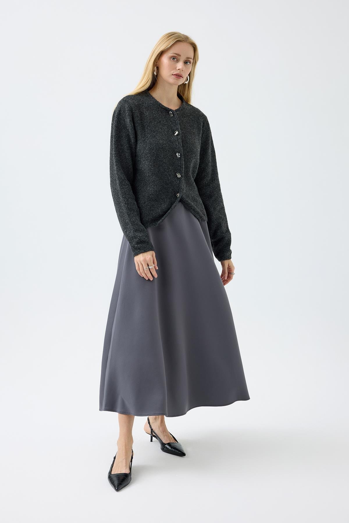 Holly Düğme Aksesuarlı Hırka - Füme 