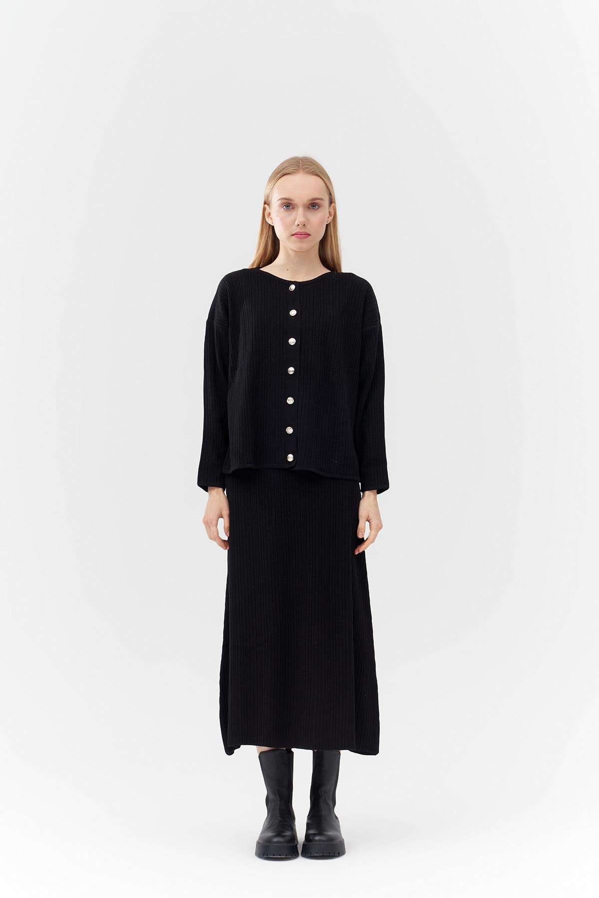 ICON GOLD DÜĞME DETAYLI FİTİLLİ ETEKLİ TAKIM - SİYAH