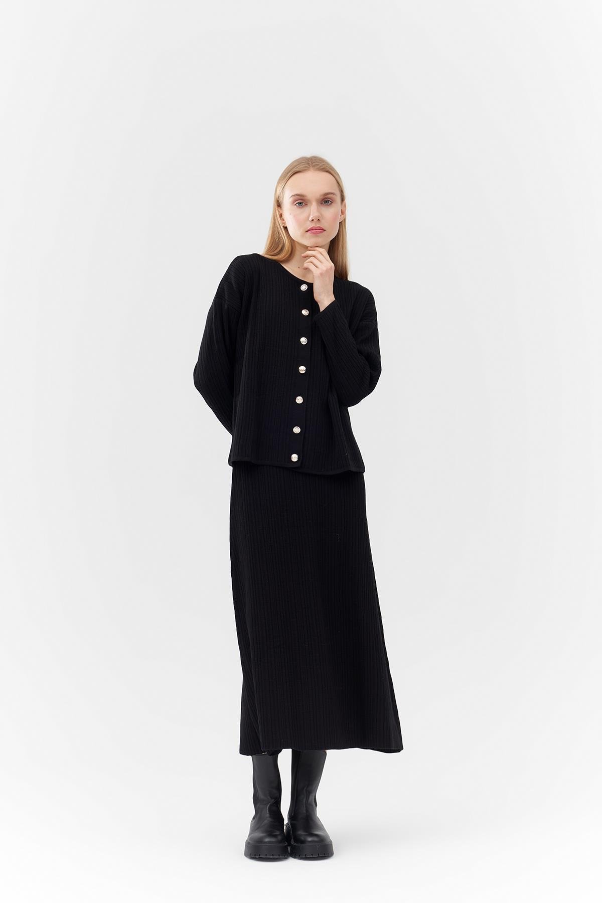 ICON GOLD DÜĞME DETAYLI FİTİLLİ ETEKLİ TAKIM - SİYAH