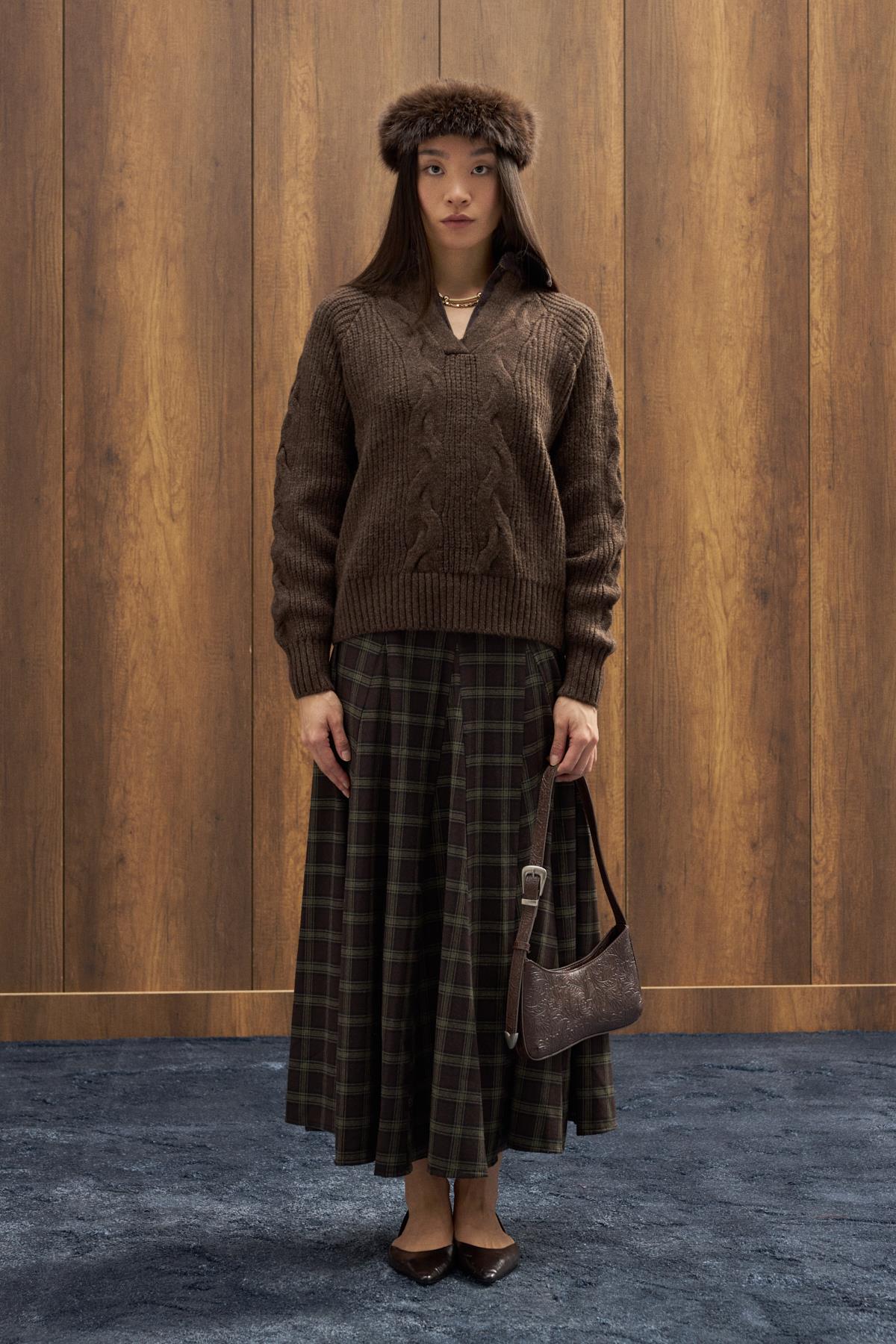 İdil Ekose Parçalı Etek - Kahverengi 