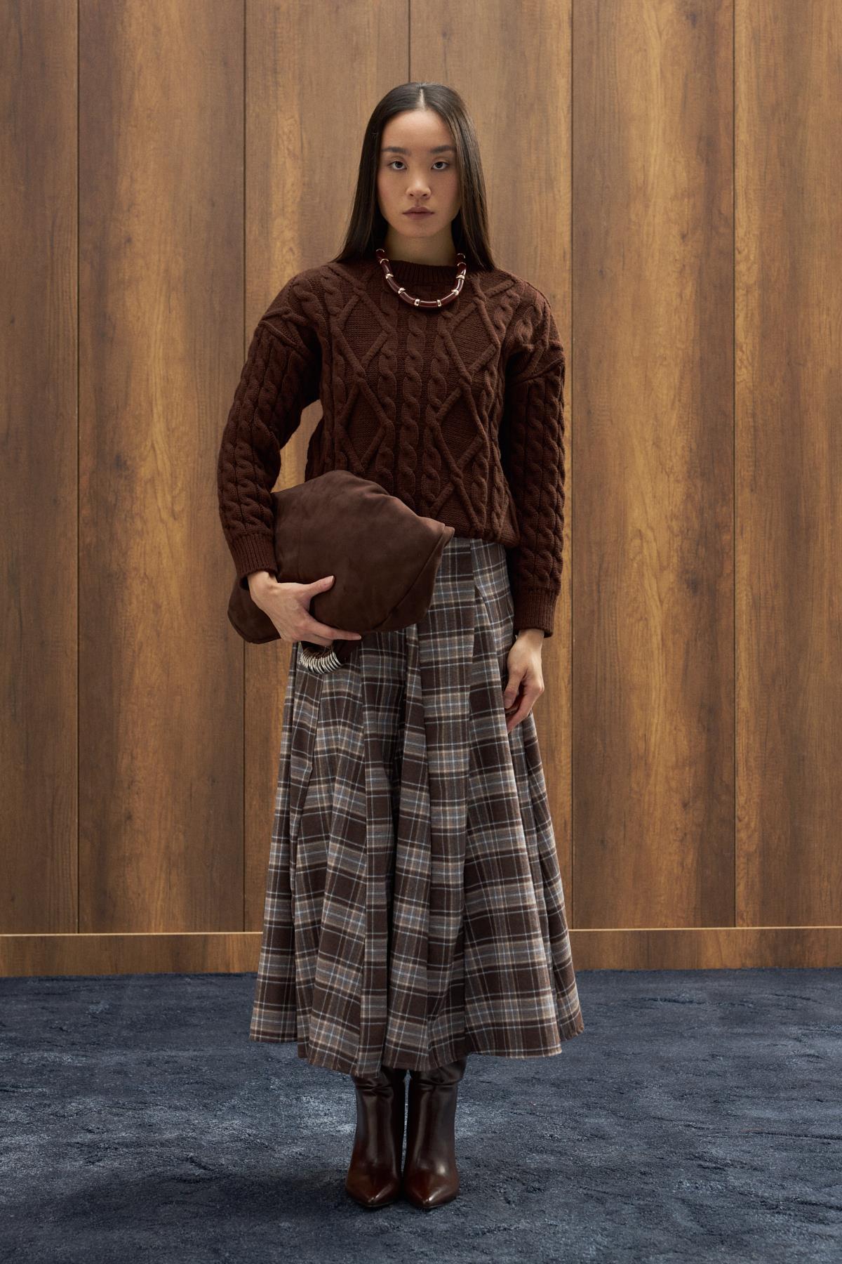 İdil Ekose Parçalı Etek - Vizon