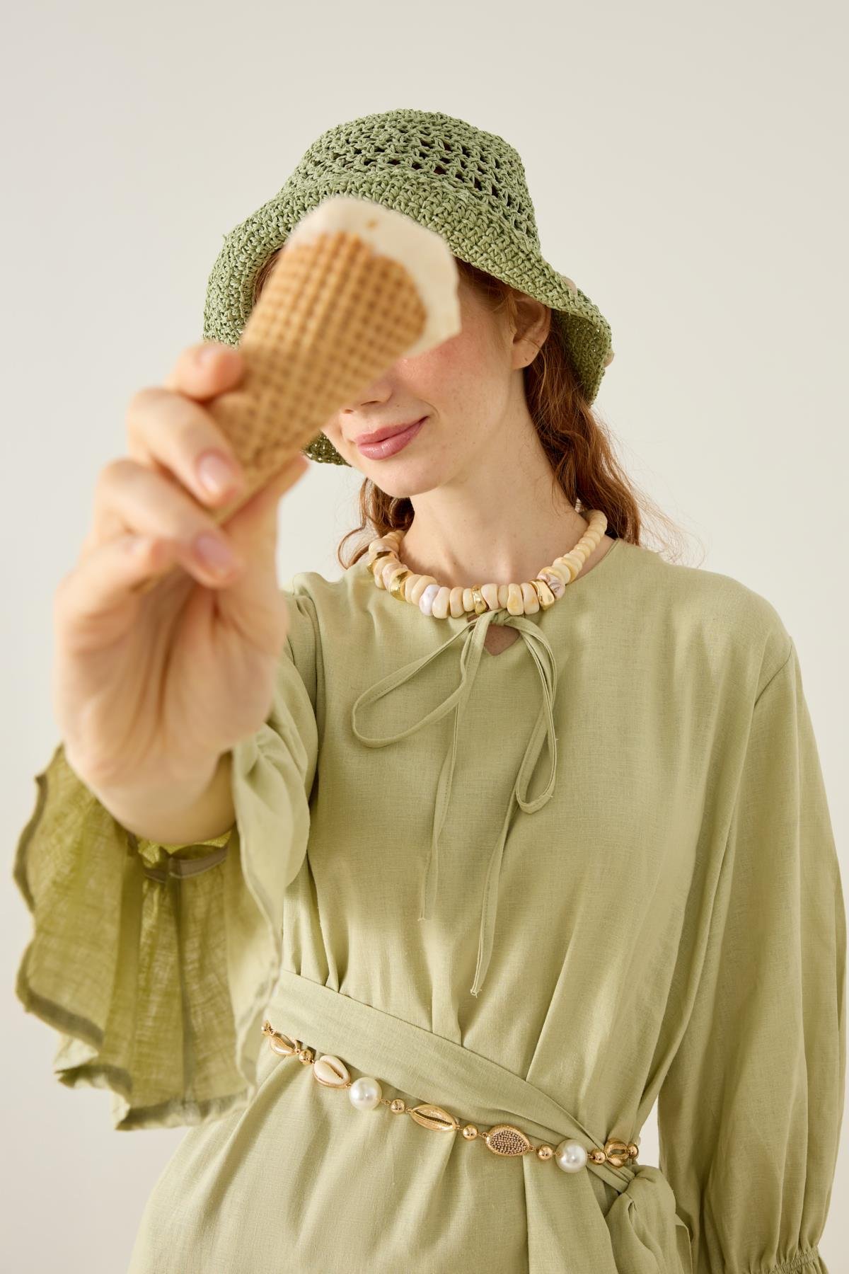 Isolde Kemerli Keten Elbise - Çağla