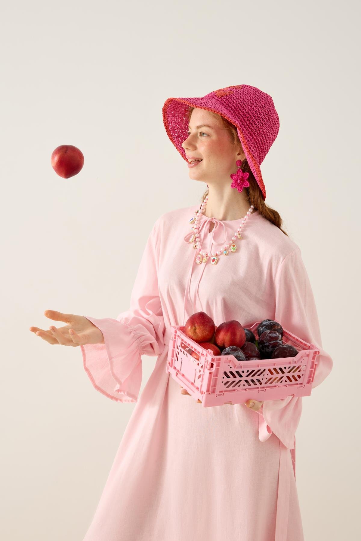 Isolde Kemerli Keten Elbise - Pembe