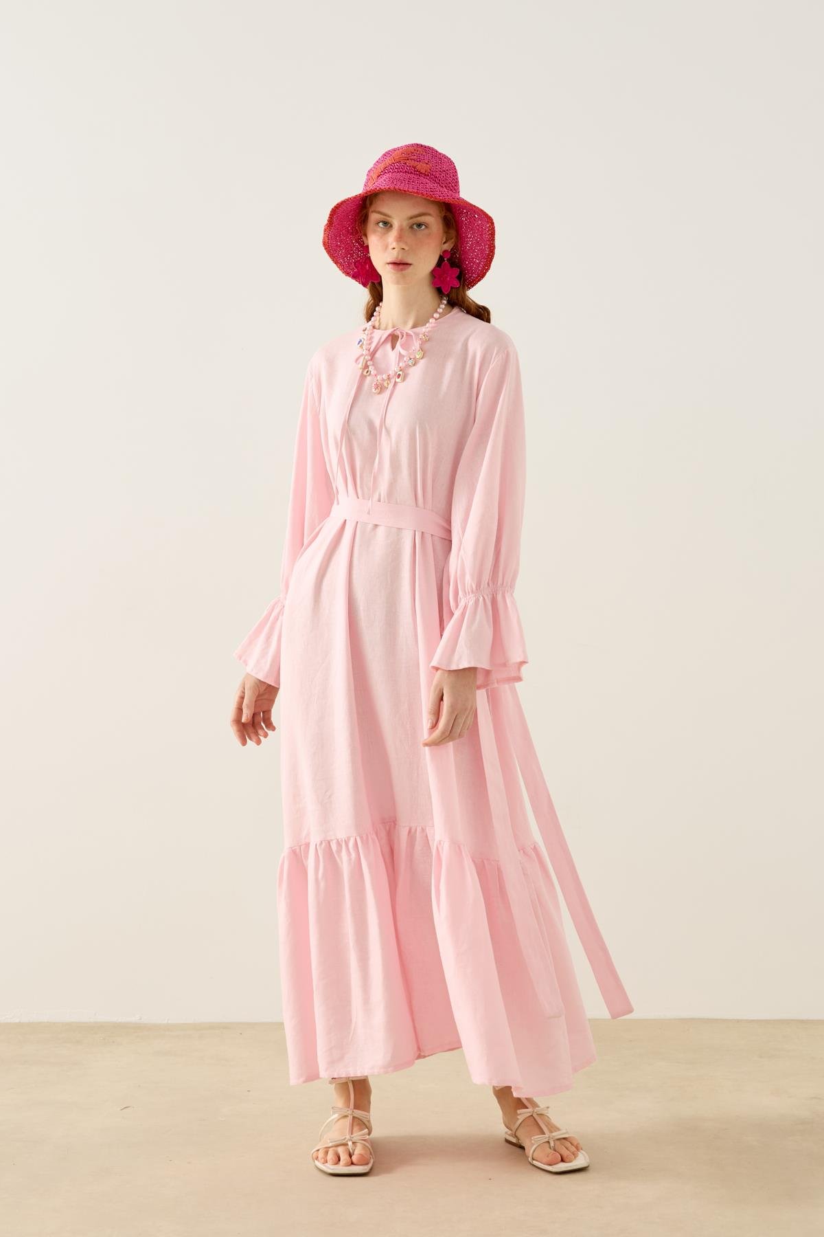 Isolde Kemerli Keten Elbise - Pembe