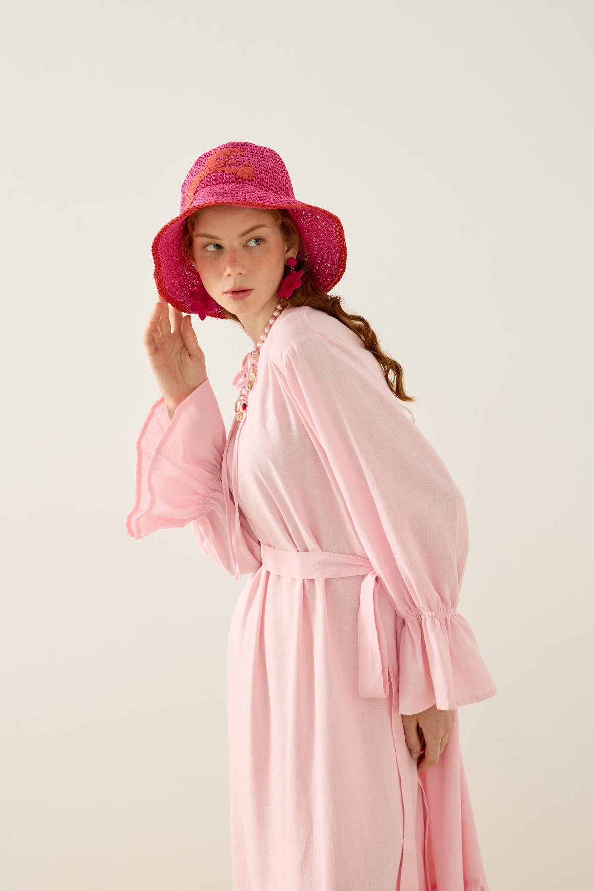 Isolde Kemerli Keten Elbise - Pembe